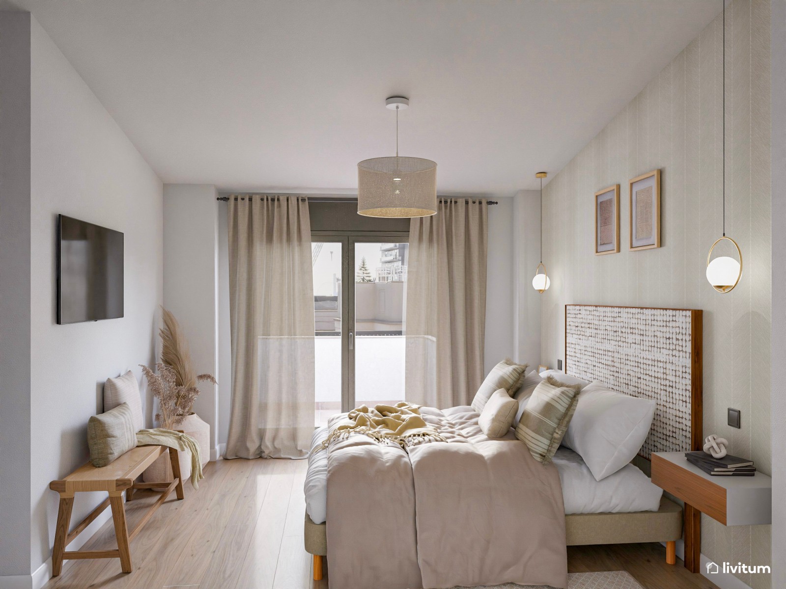 Dormitorio de estilo rústico moderno con original cabecero 