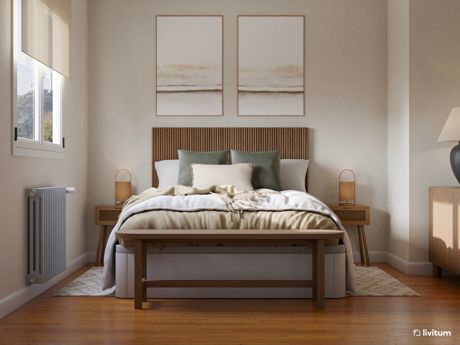 Dormitorio de inspiración biofílica en madera oscura y toques verdes