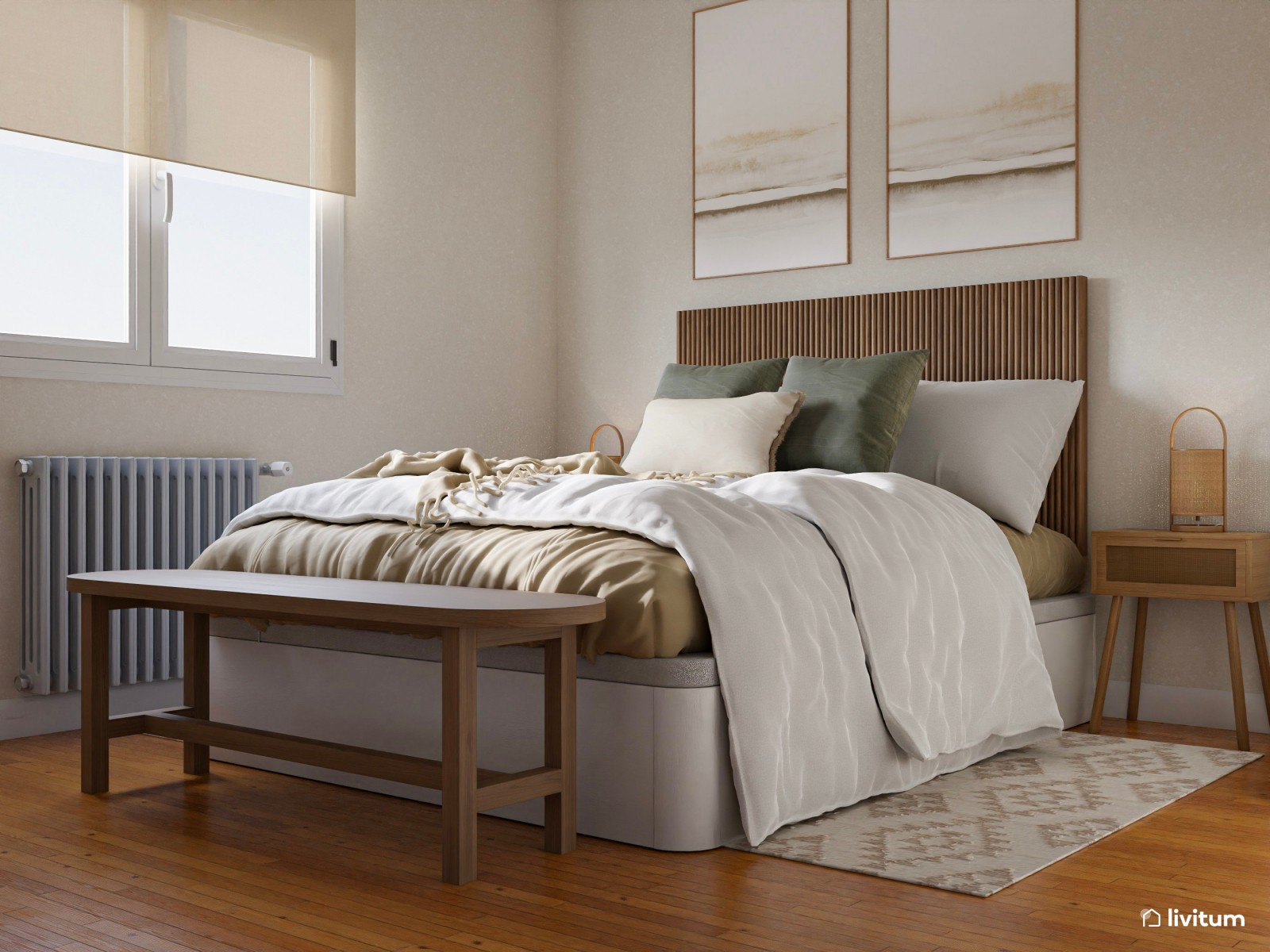 Dormitorio de inspiración biofílica en madera oscura y toques verdes