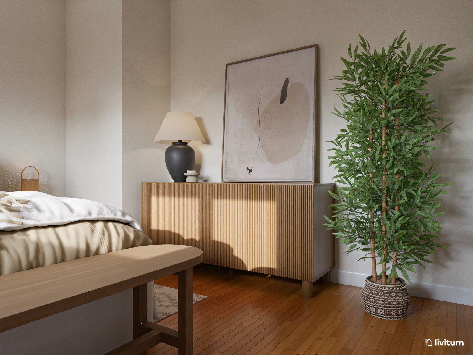 Dormitorio de inspiración biofílica en madera oscura y toques verdes