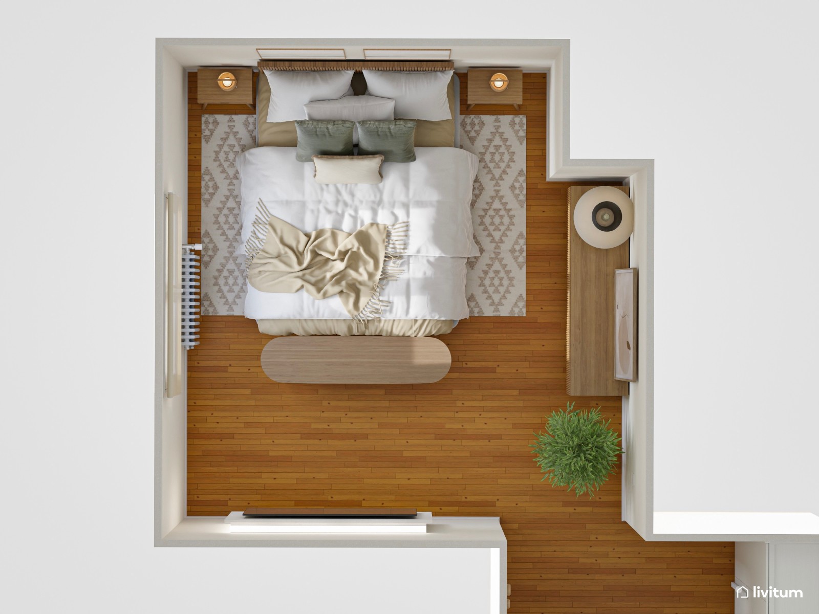 Dormitorio de inspiración biofílica en madera oscura y toques verdes