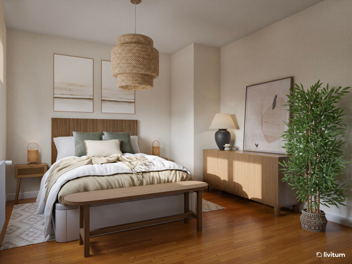 Dormitorio de inspiración biofílica en madera oscura y toques verdes