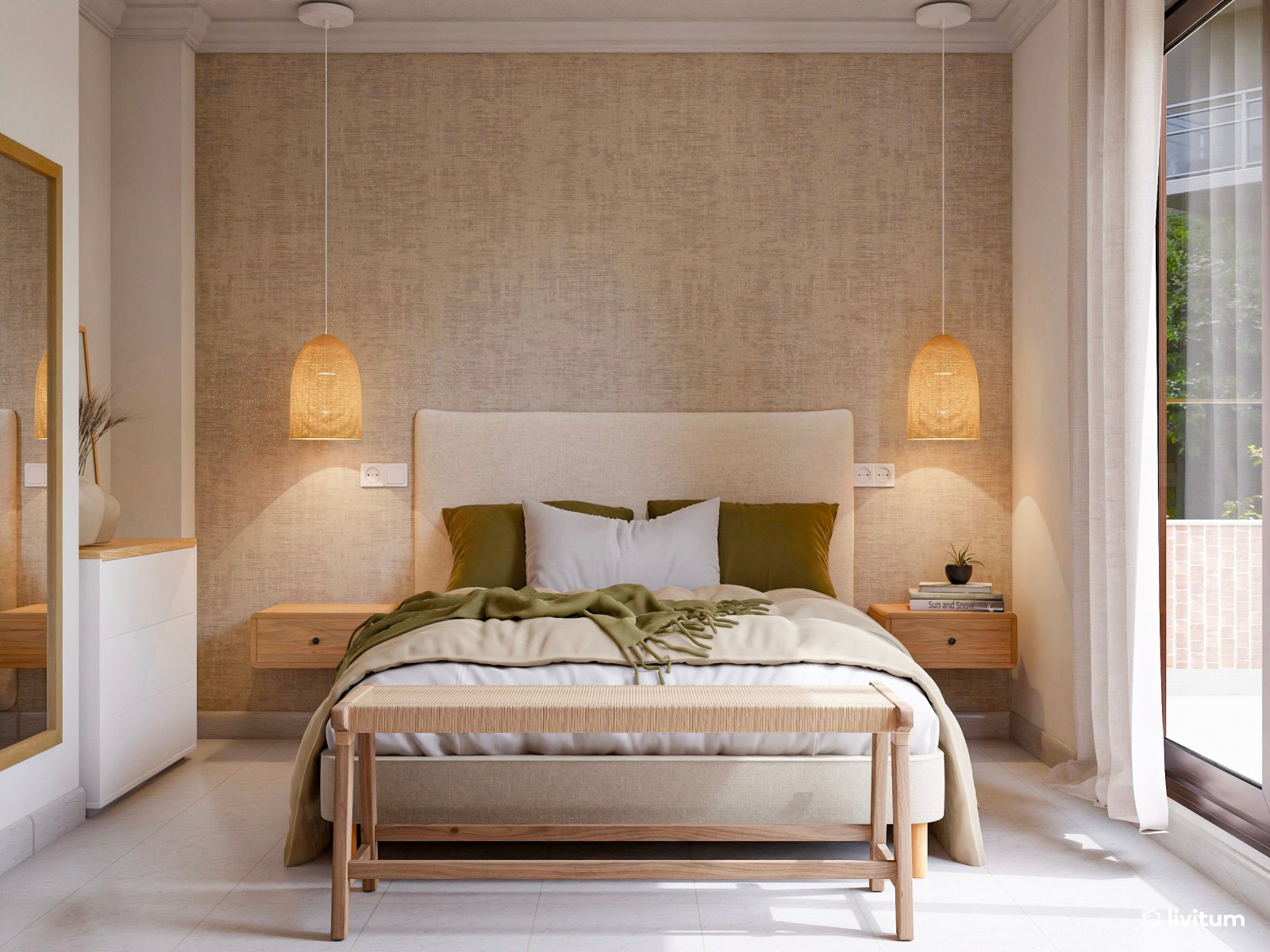 Dormitorio de suaves texturas y luces cálidas 