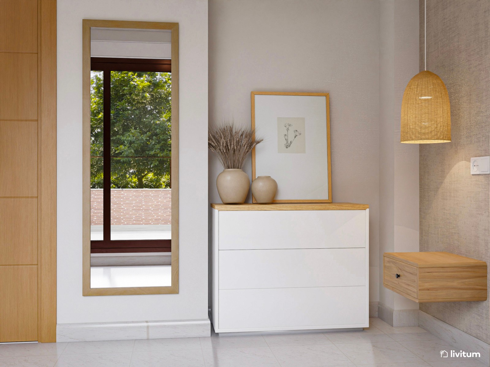 Dormitorio de suaves texturas y luces cálidas 