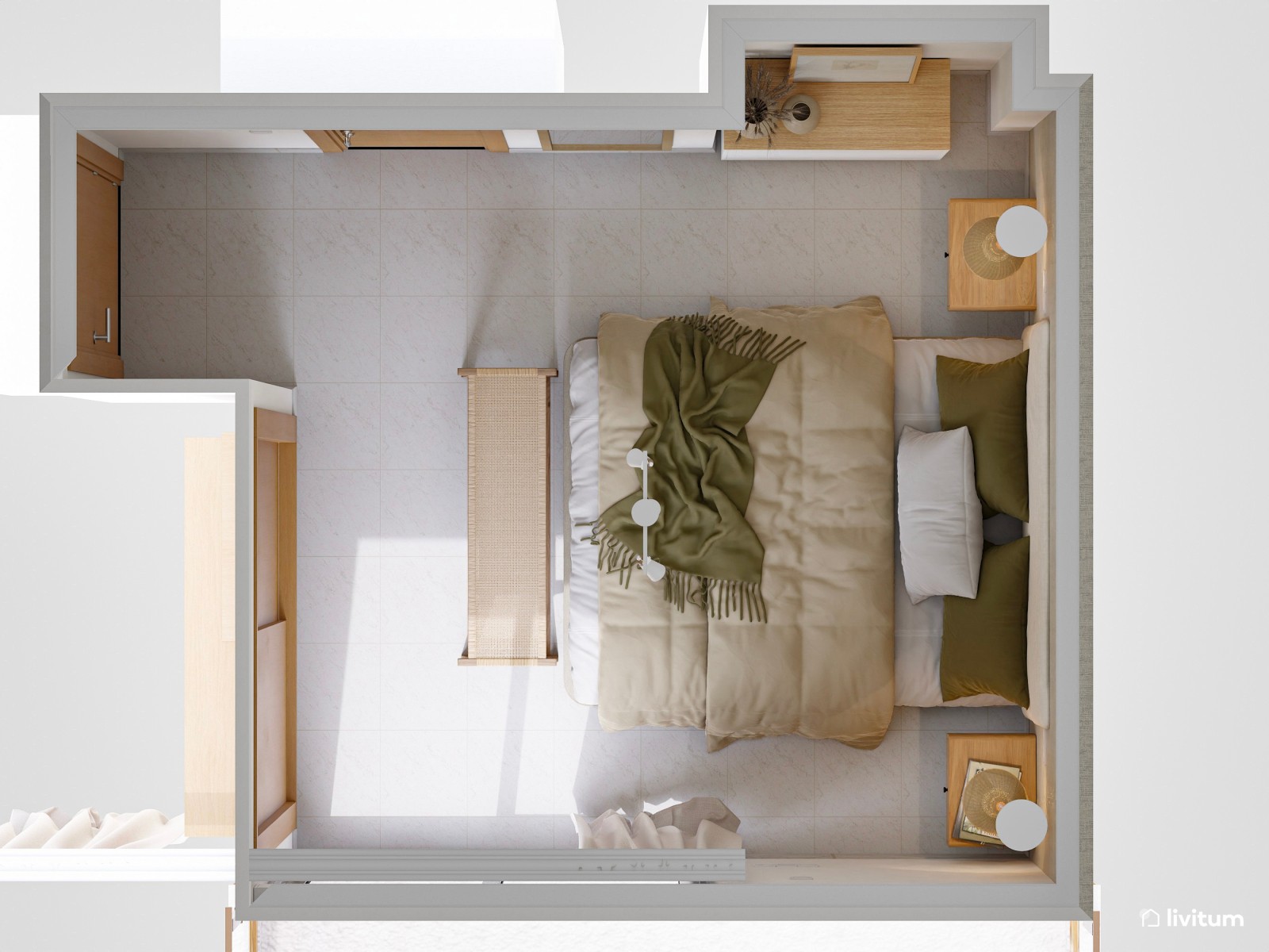 Dormitorio de suaves texturas y luces cálidas 