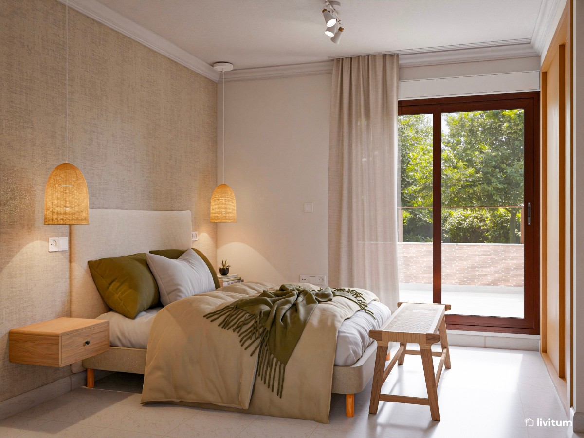 Dormitorio de suaves texturas y luces cálidas