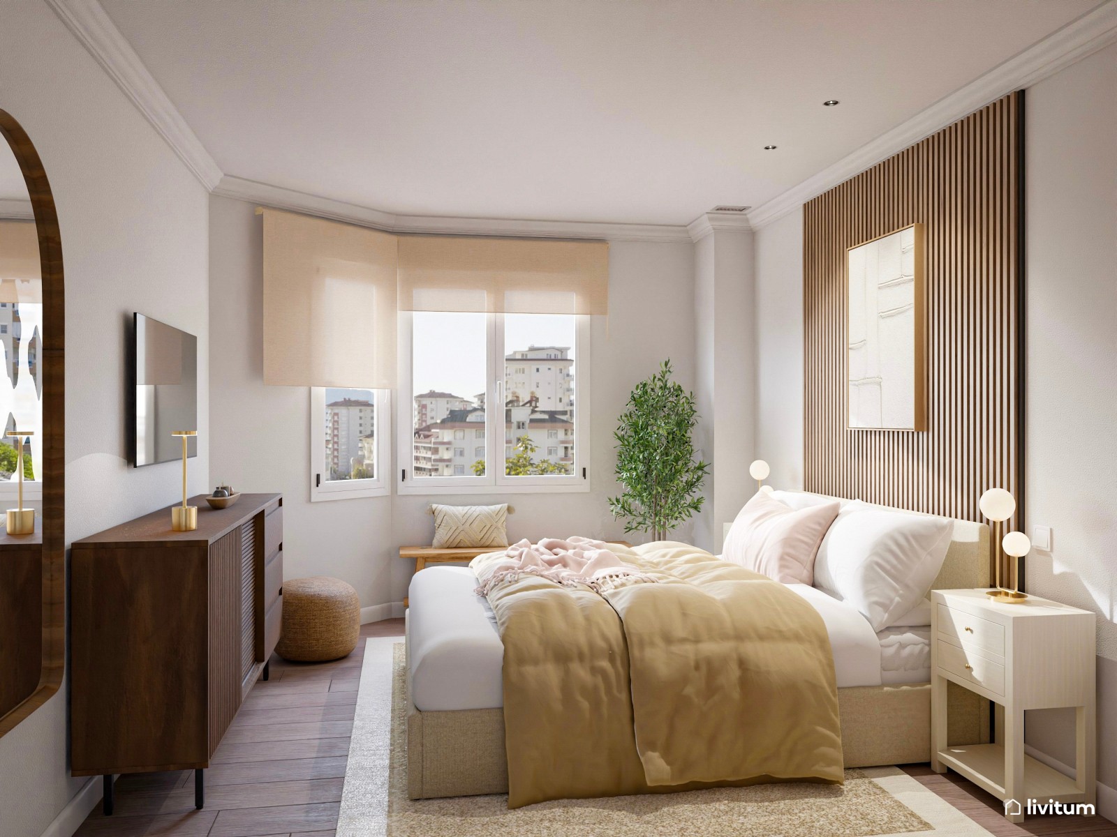 Dormitorio de tonos tierra con listones de madera