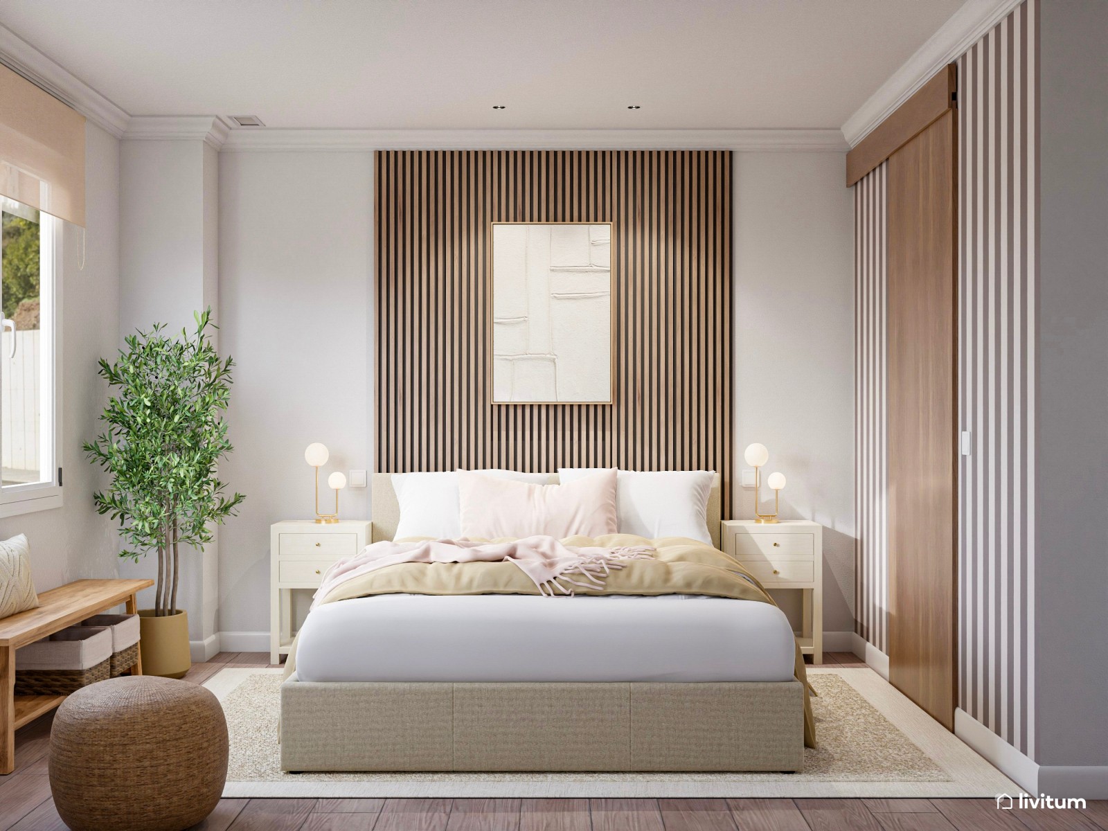 Dormitorio de tonos tierra con listones de madera