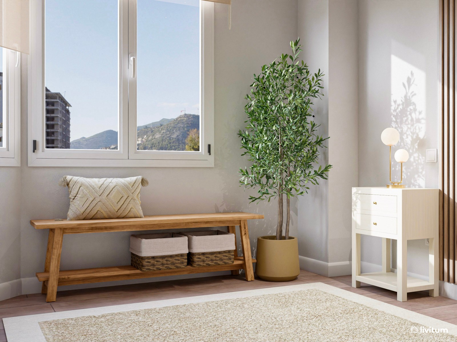 Dormitorio de tonos tierra con listones de madera