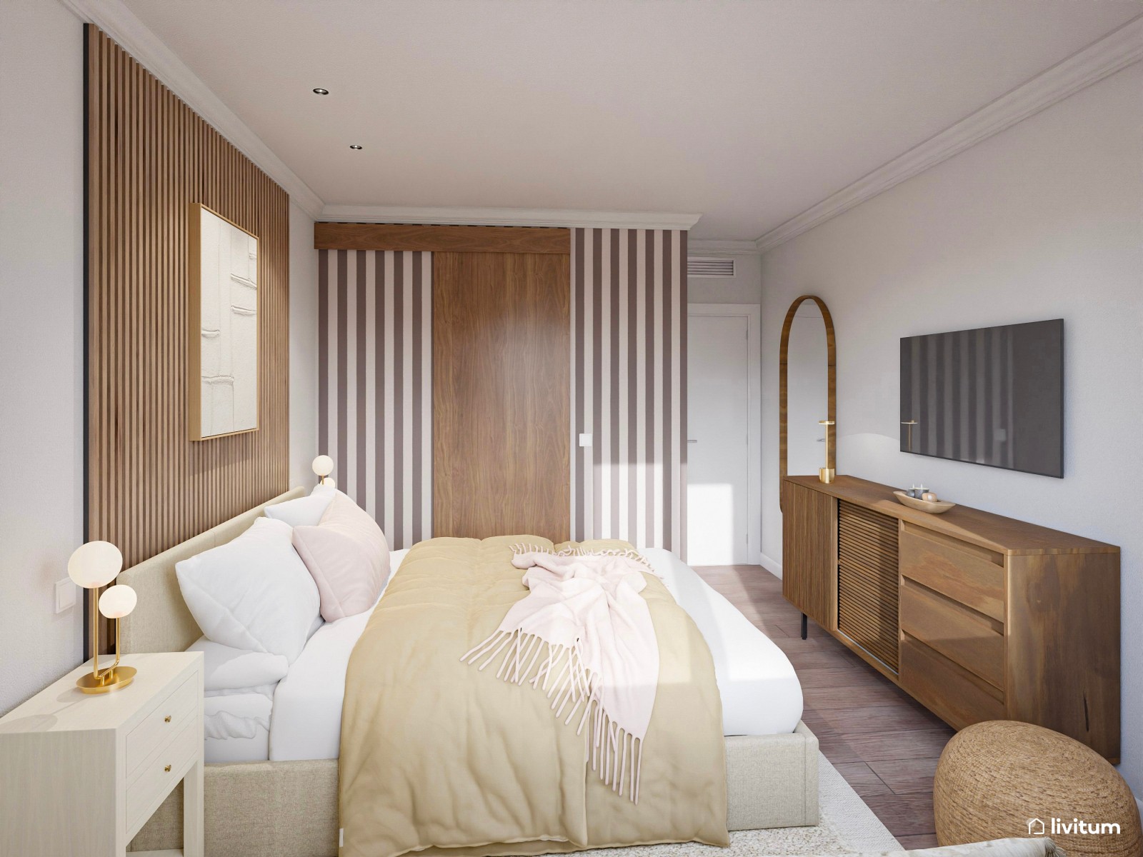 Dormitorio de tonos tierra con listones de madera