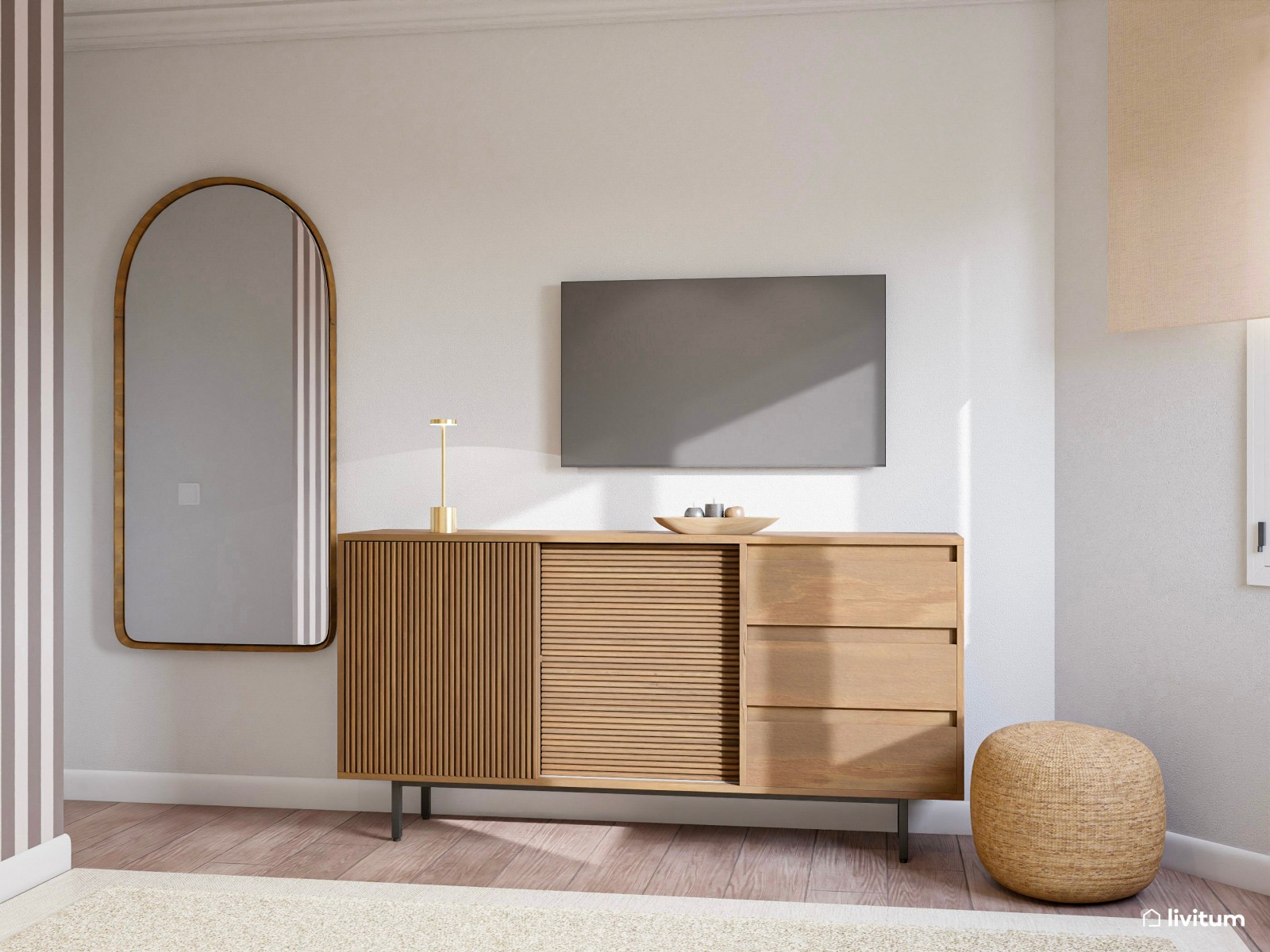 Dormitorio de tonos tierra con listones de madera