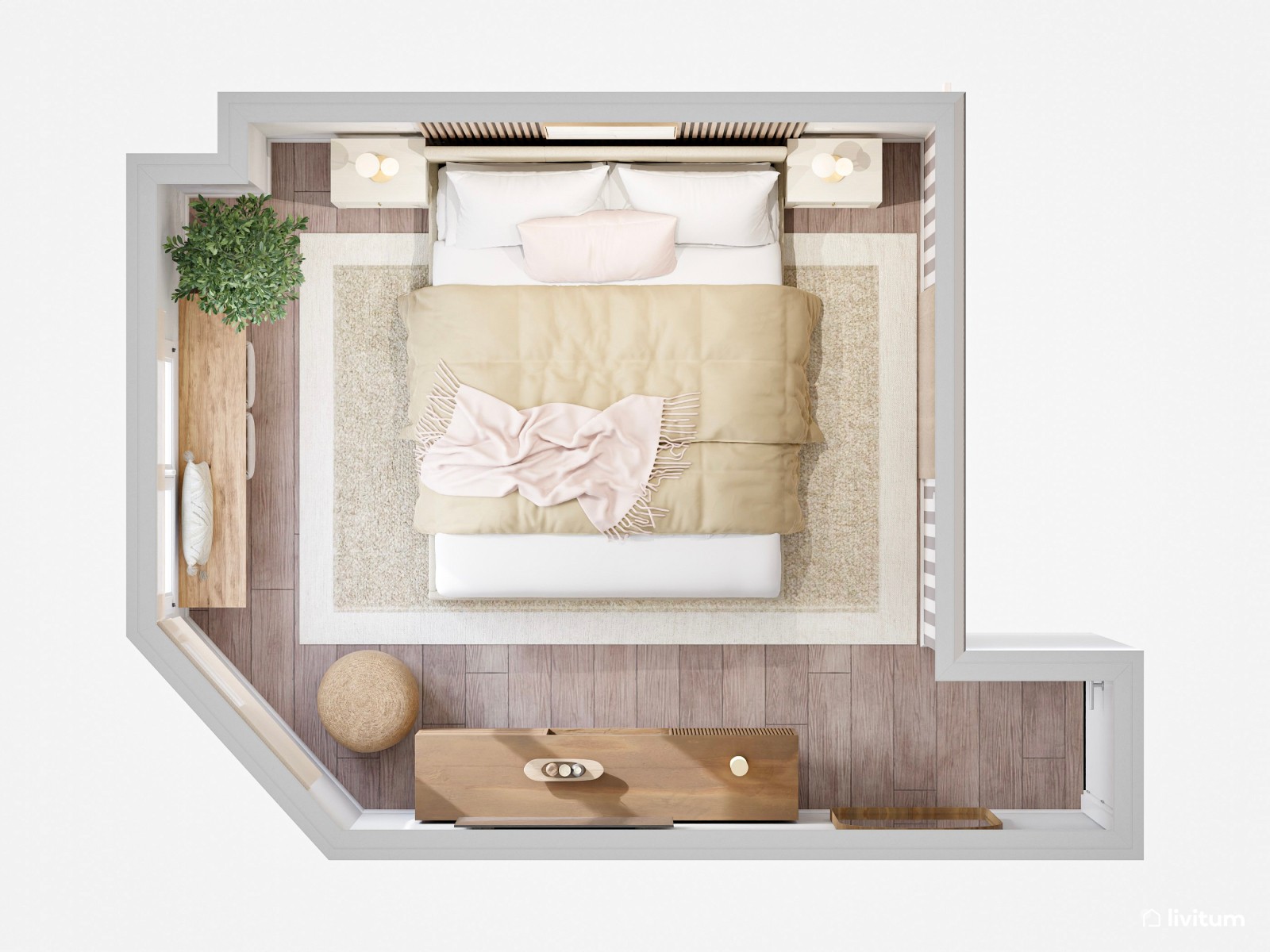 Dormitorio de tonos tierra con listones de madera