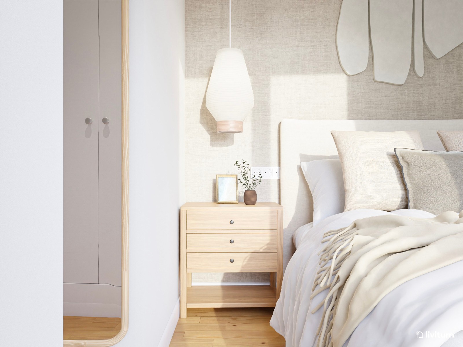 Dormitorio de tonos tierra y suaves: gris, beige y blanco