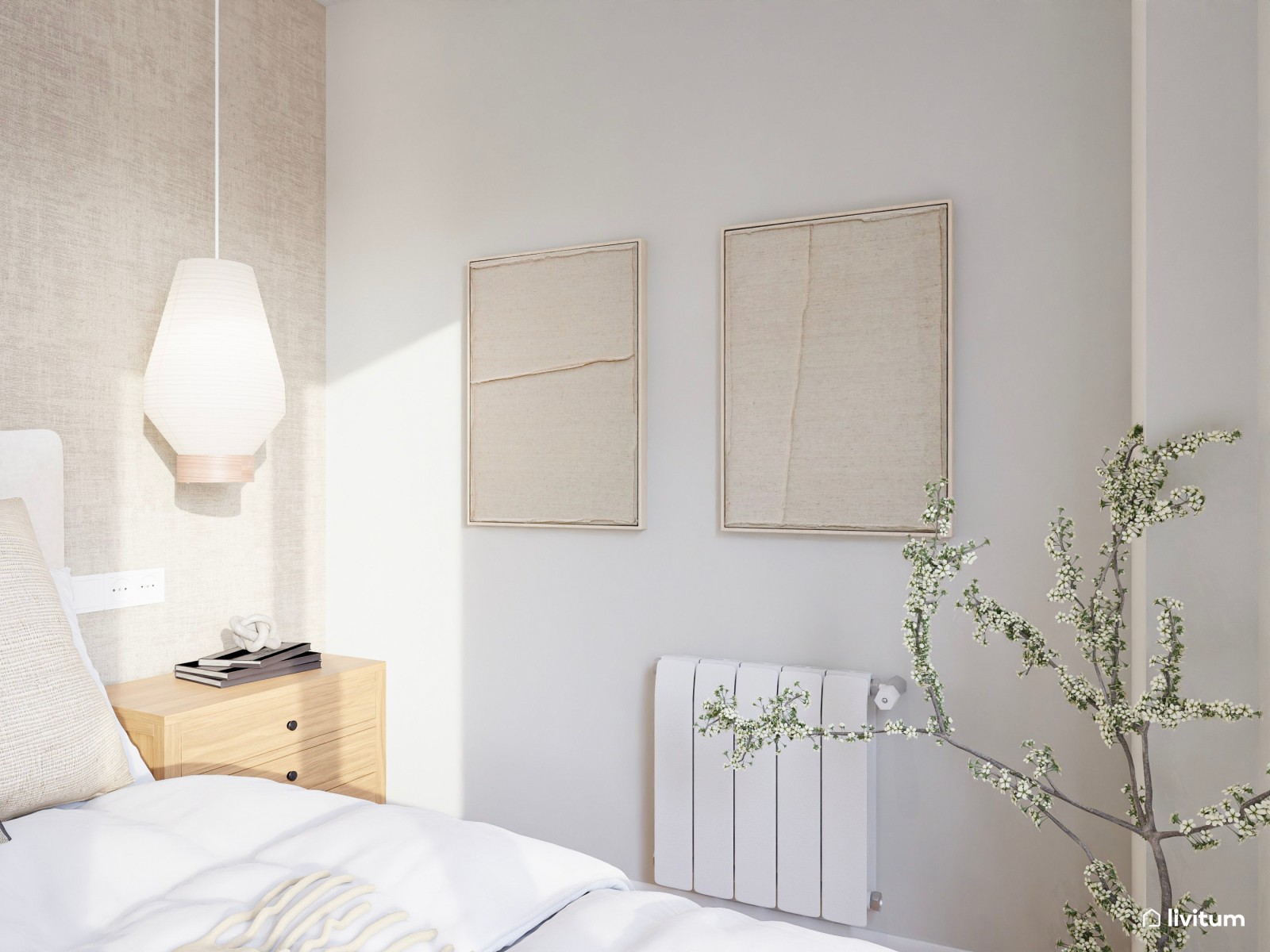 Dormitorio de tonos tierra y suaves: gris, beige y blanco