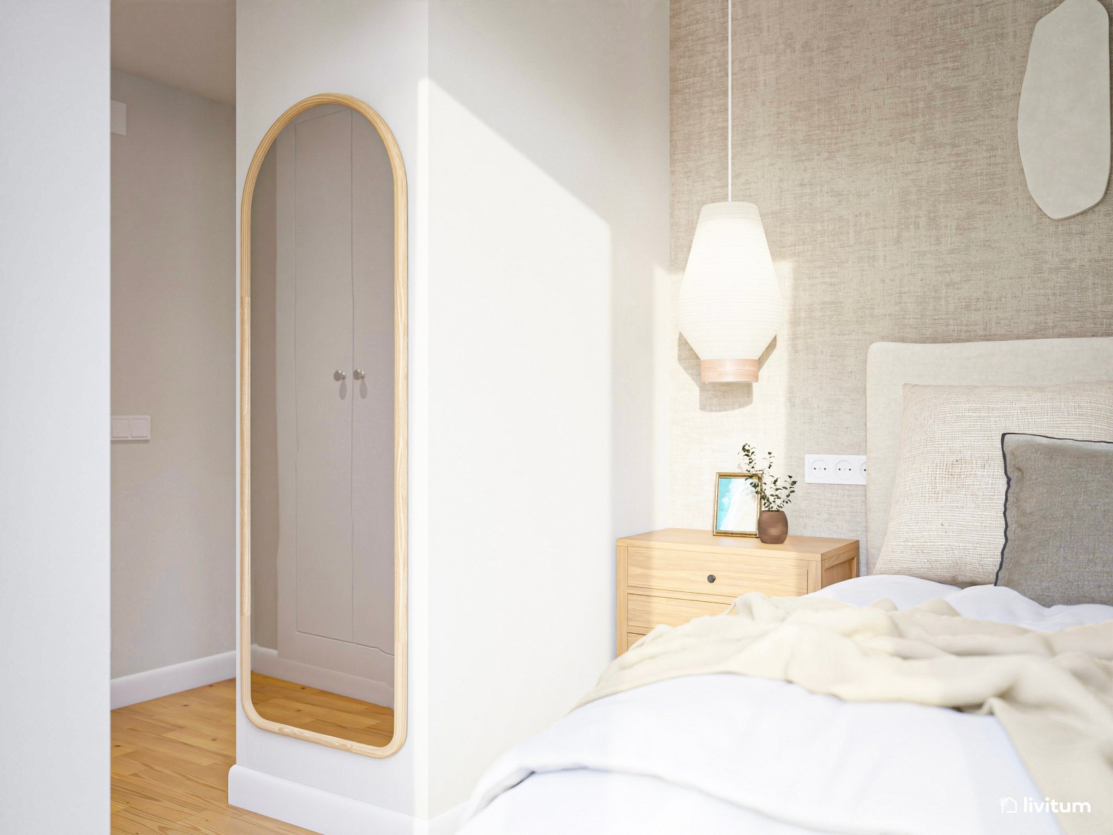 Dormitorio de tonos tierra y suaves: gris, beige y blanco