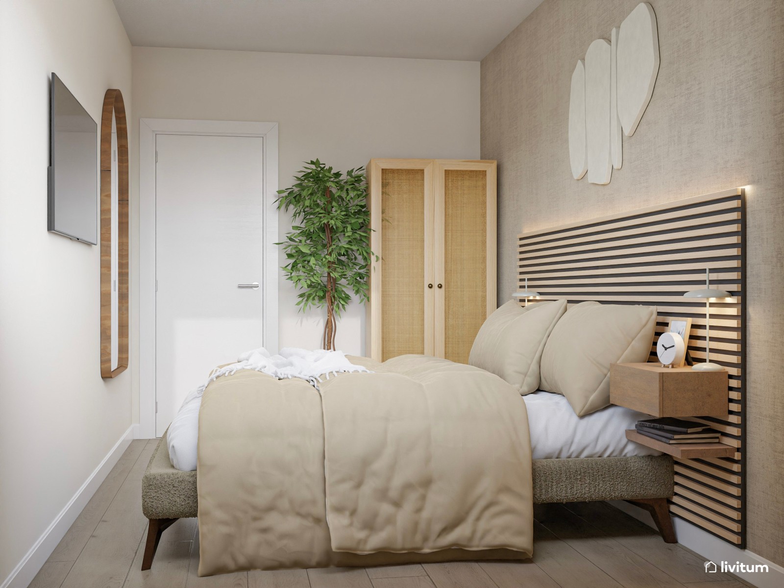 Dormitorio doble con cabecero de listones y decoración natural