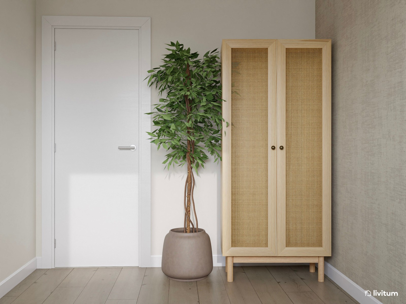 Dormitorio doble con cabecero de listones y decoración natural