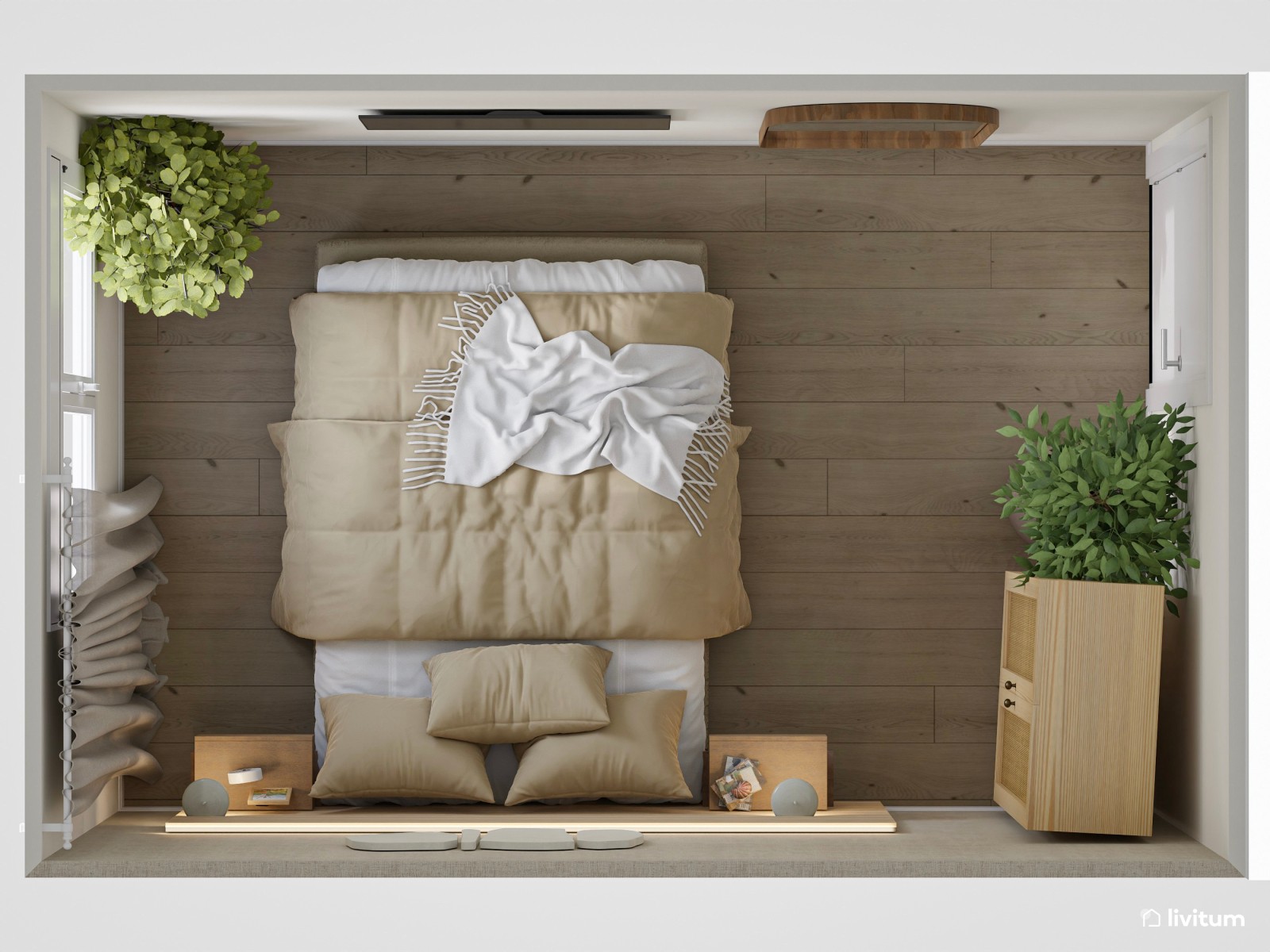 Dormitorio doble con cabecero de listones y decoración natural