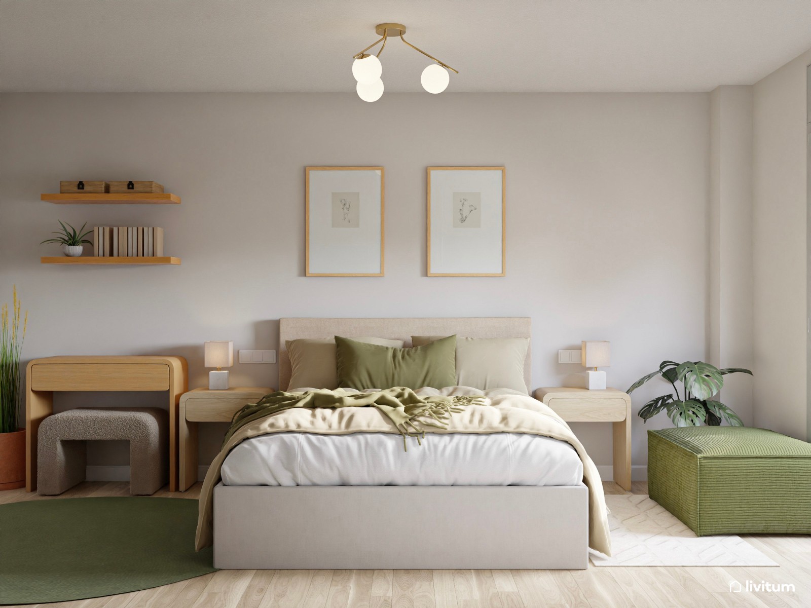 Dormitorio doble con decoración moderna, natural y toques de verde  