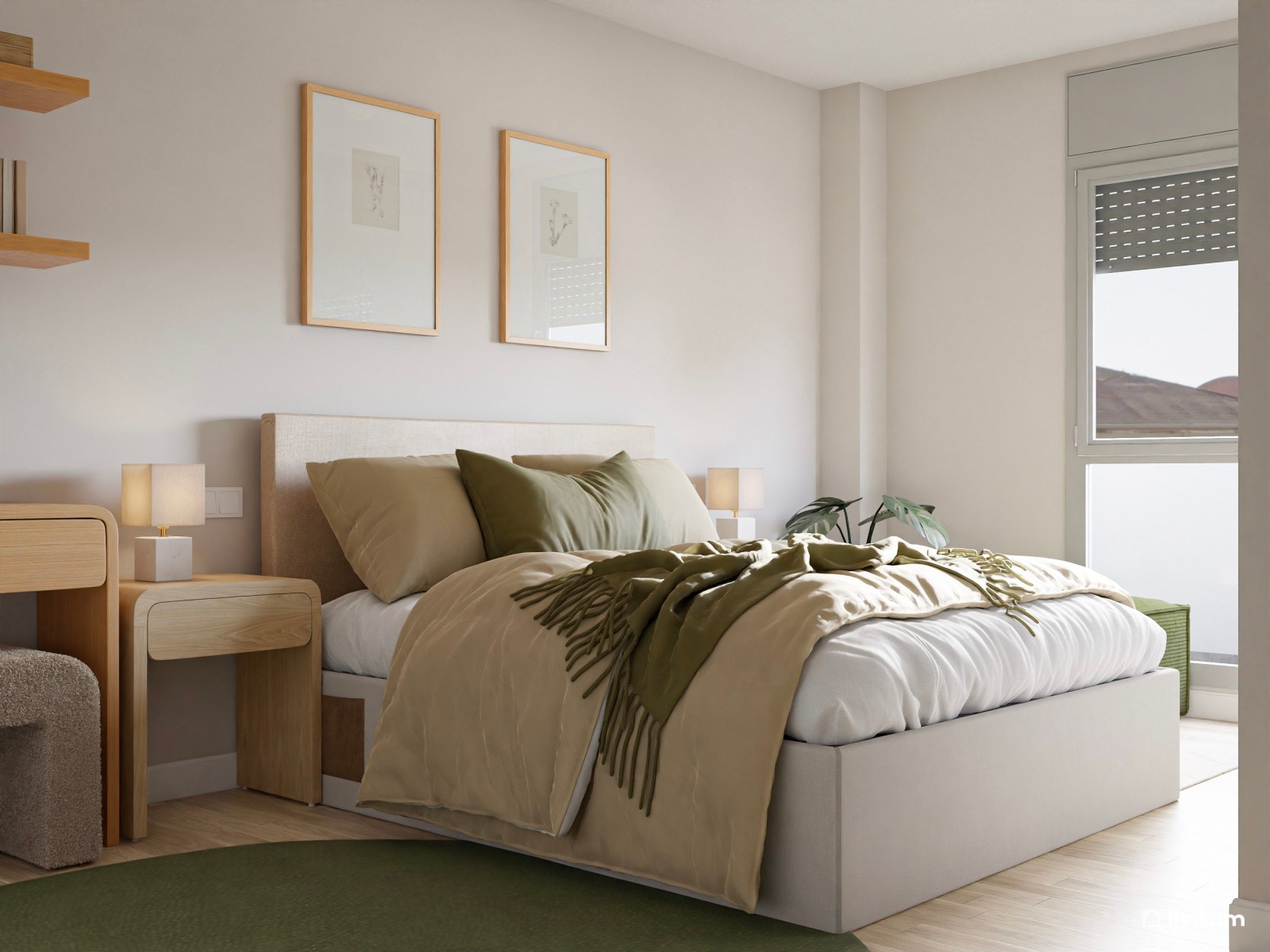 Dormitorio doble con decoración moderna, natural y toques de verde  