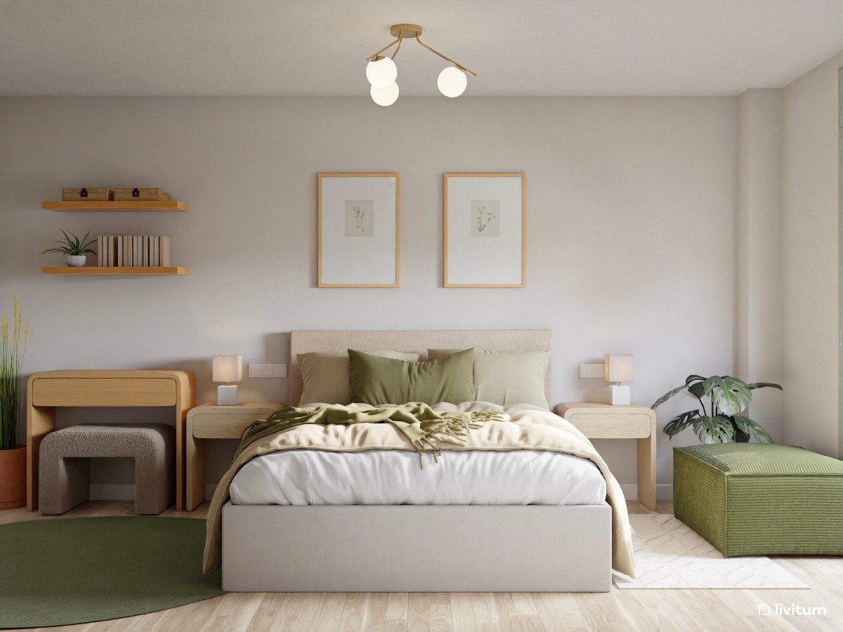 Dormitorio doble con decoración moderna, natural y toques de verde