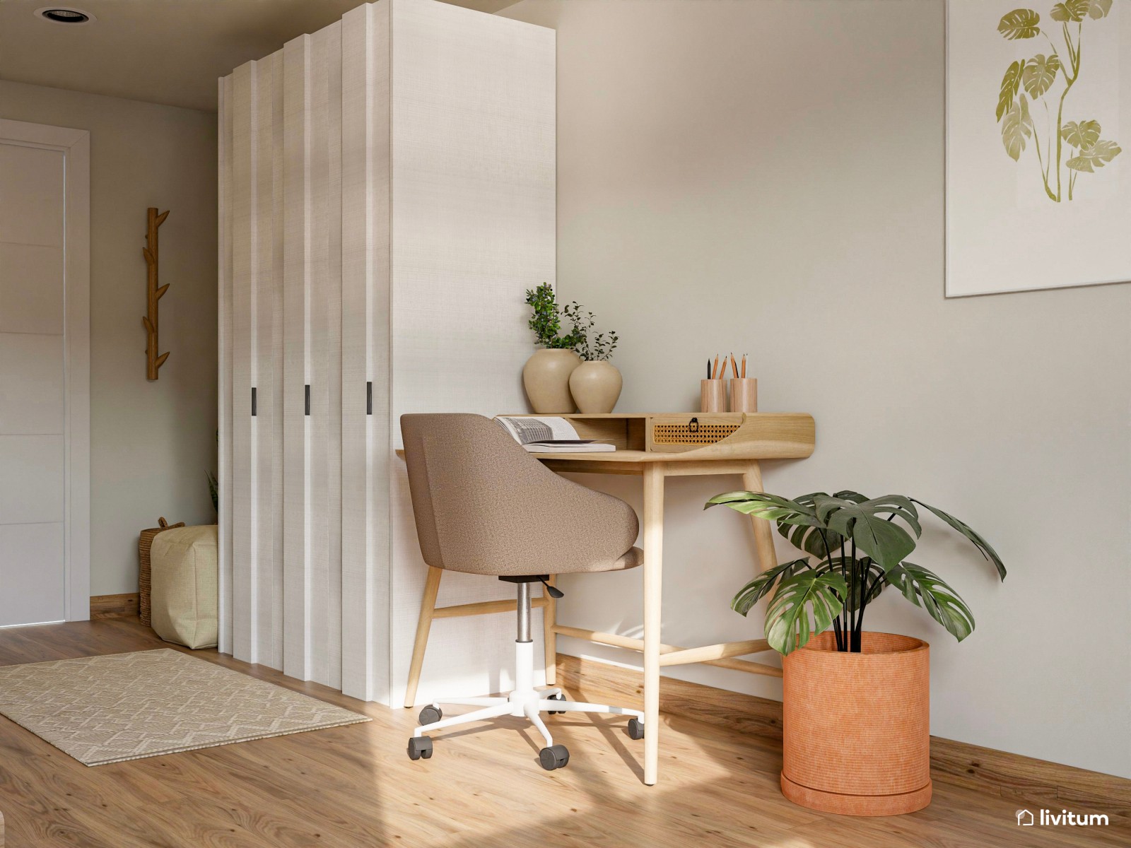Dormitorio doble con zona de trabajo y panel acústico en la pared del cabecero