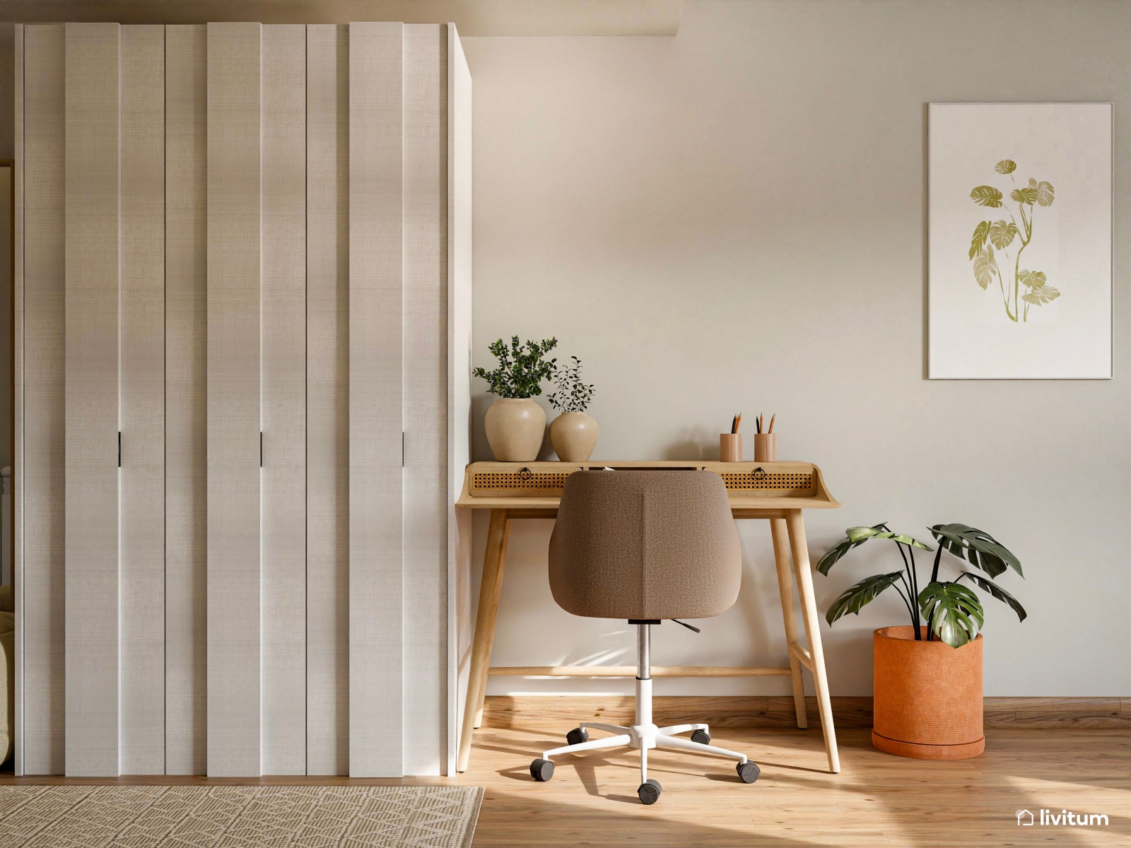 Dormitorio doble con zona de trabajo y panel acústico en la pared del cabecero