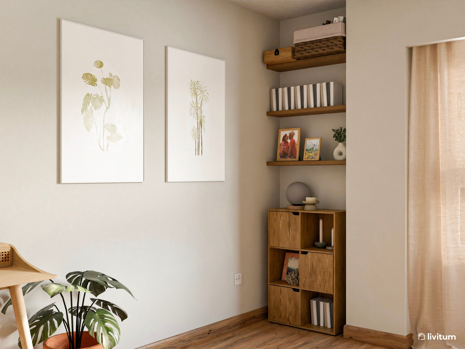 Dormitorio doble con zona de trabajo y panel acústico en la pared del cabecero