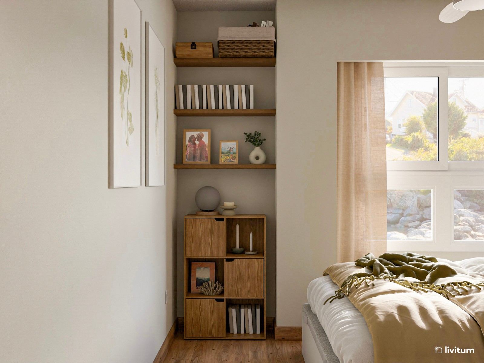 Dormitorio doble con zona de trabajo y panel acústico en la pared del cabecero