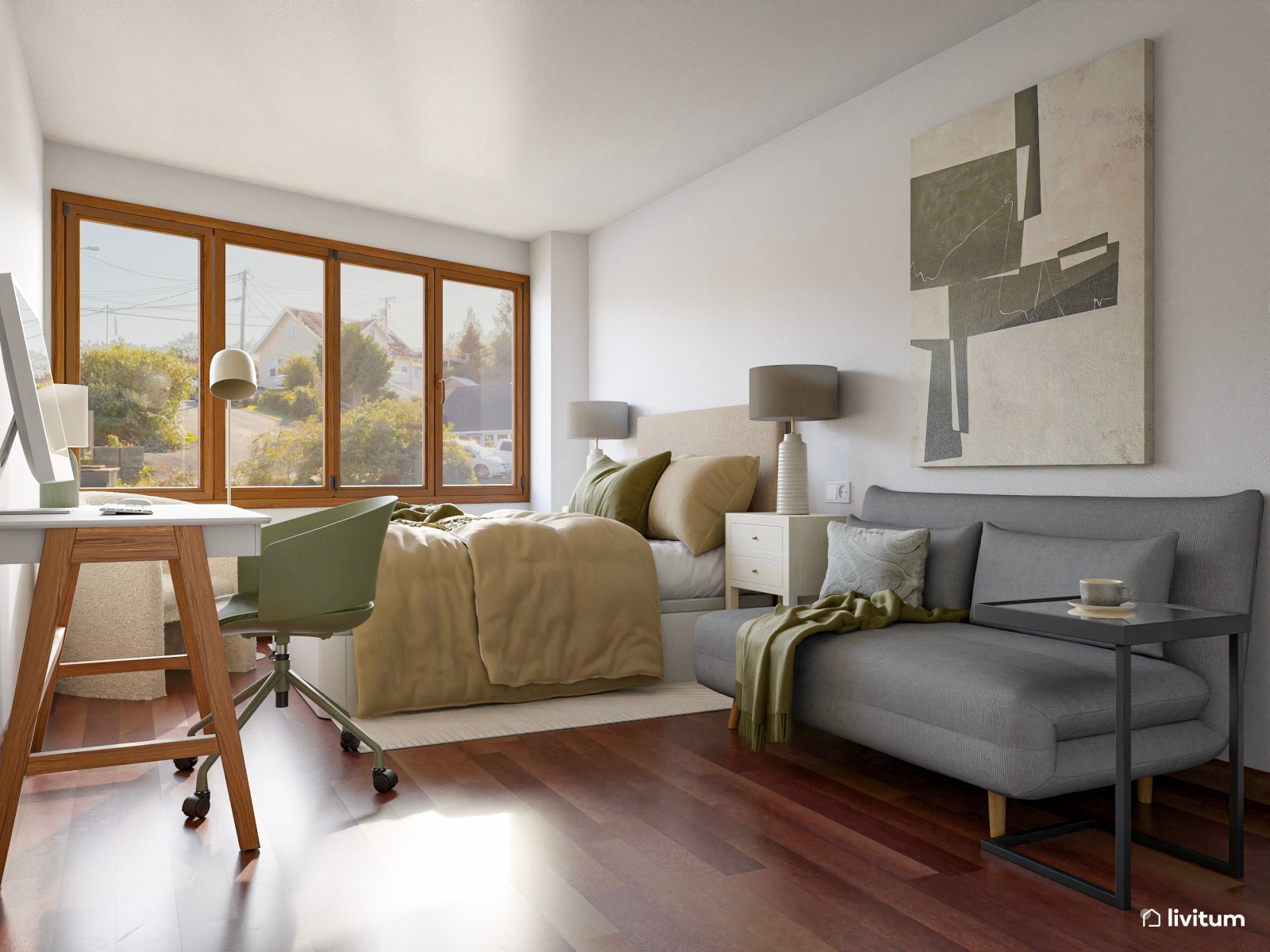 Dormitorio doble con zona de trabajo y sofá cama 