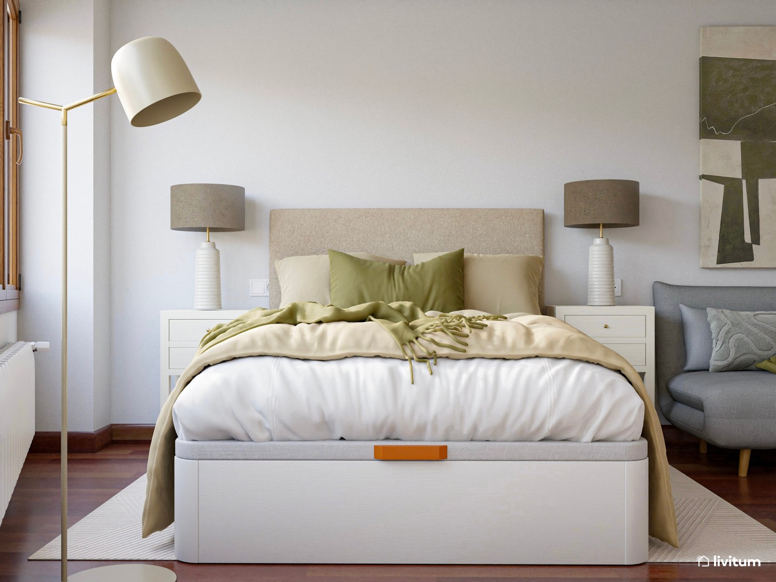 Dormitorio doble con zona de trabajo y sofá cama 