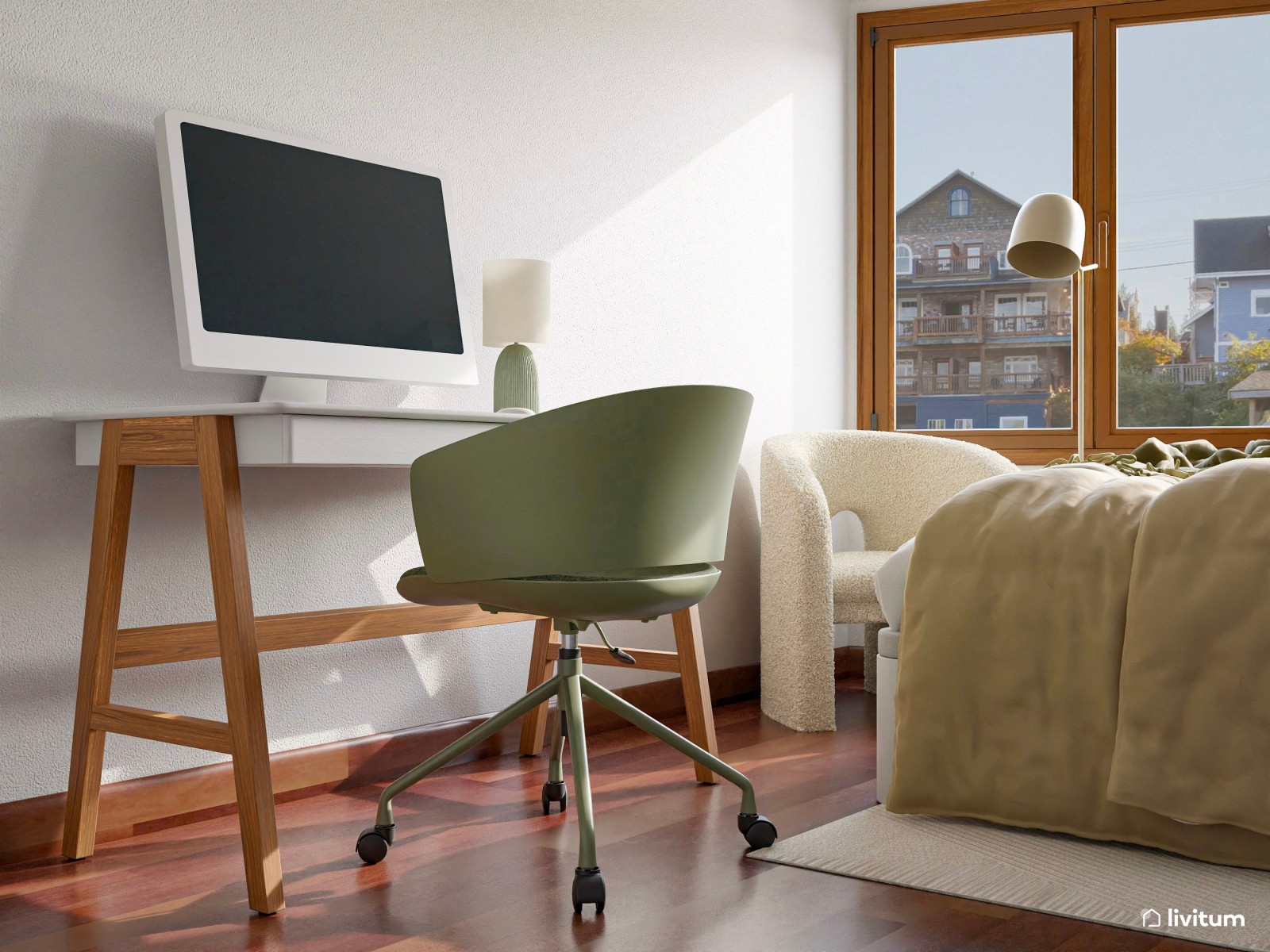 Dormitorio doble con zona de trabajo y sofá cama 
