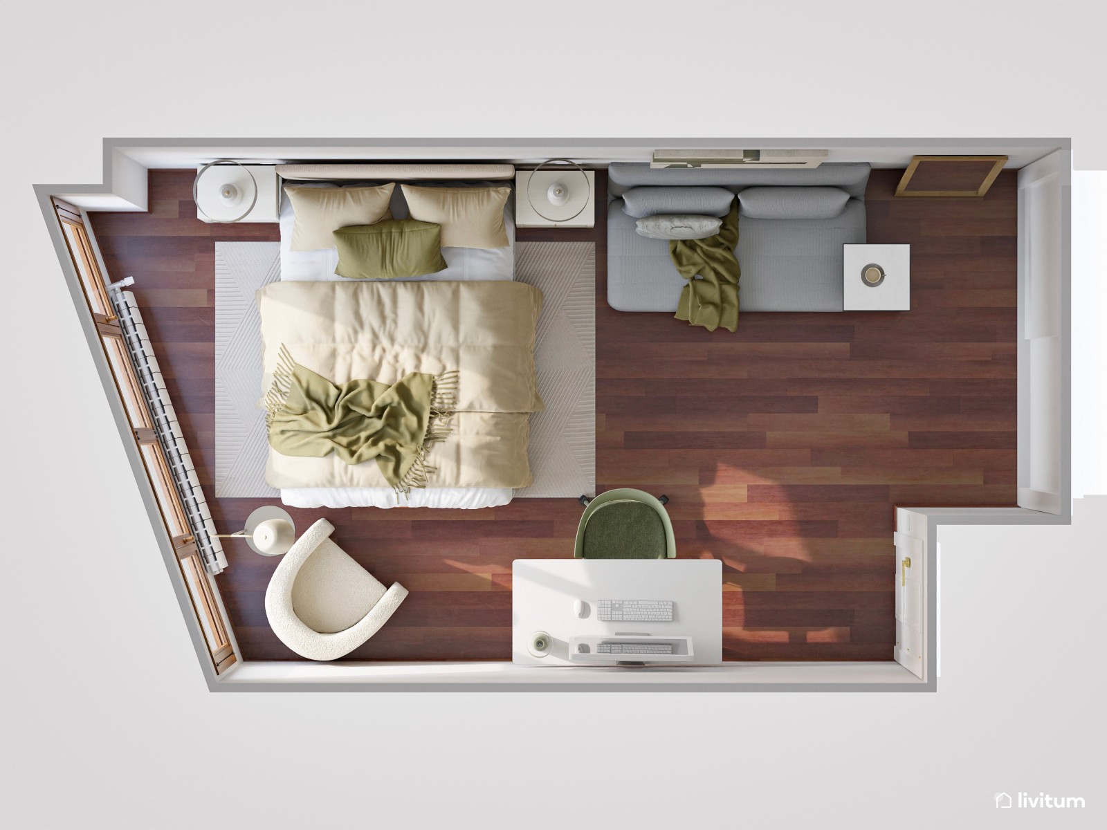 Dormitorio doble con zona de trabajo y sofá cama 