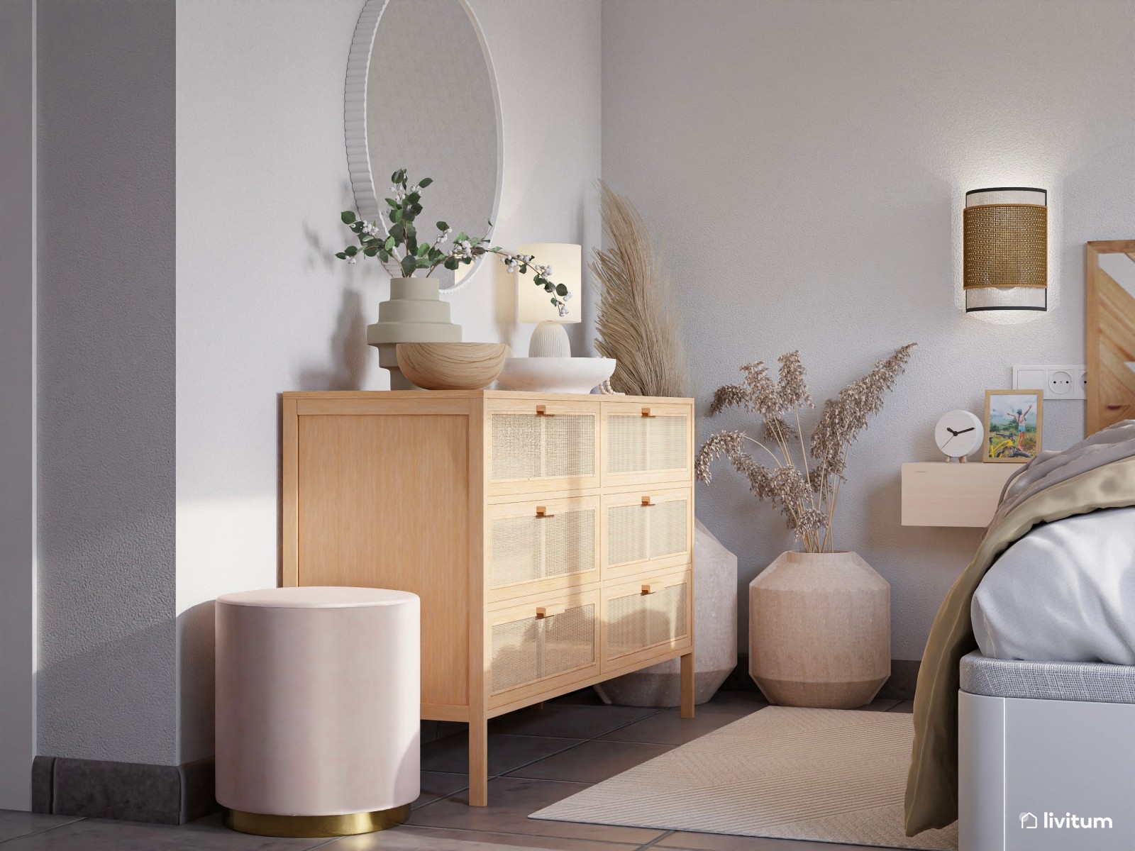 Dormitorio doble ecléctico en tonos suaves y claros