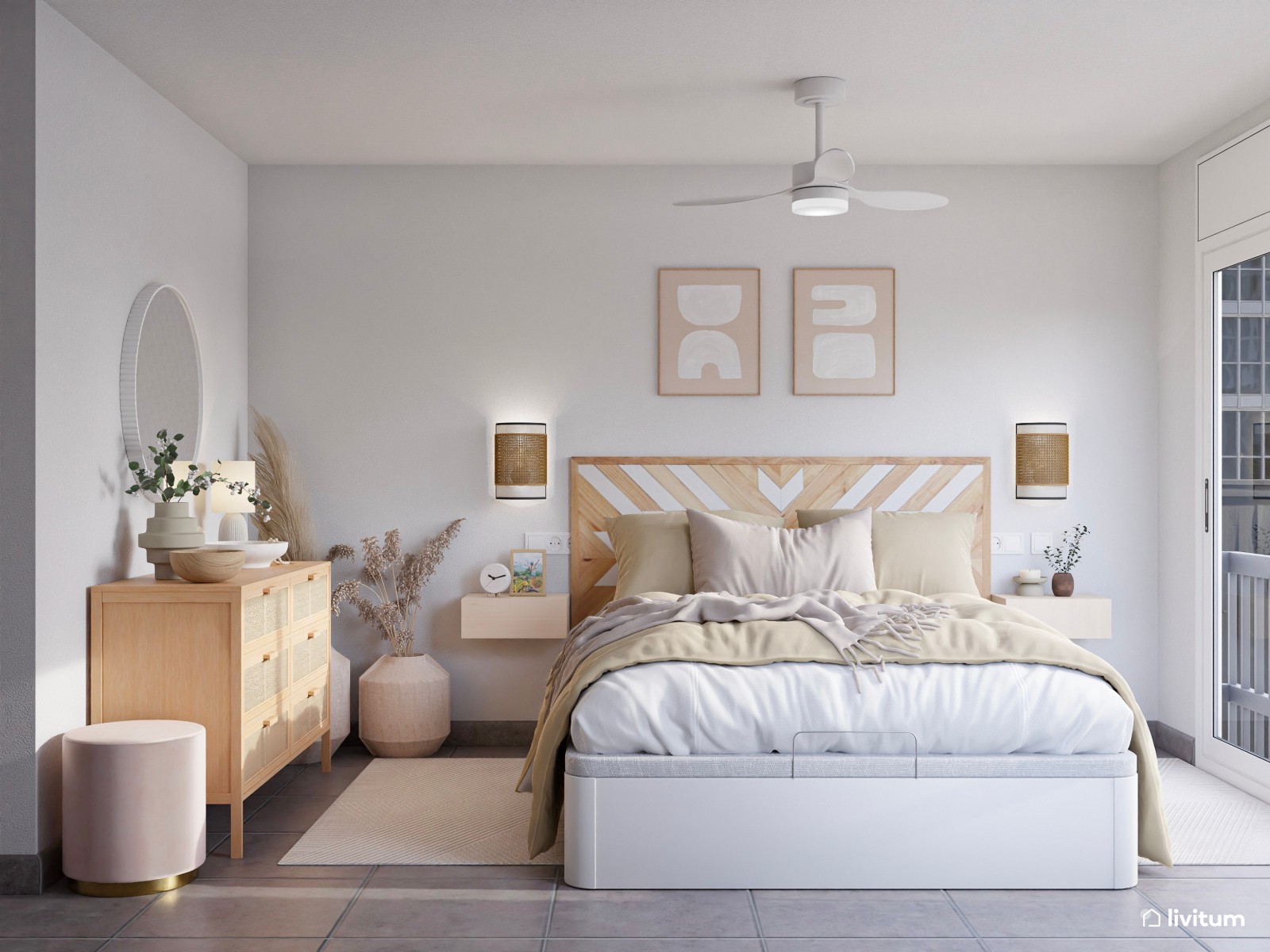 Dormitorio doble ecléctico en tonos suaves y claros