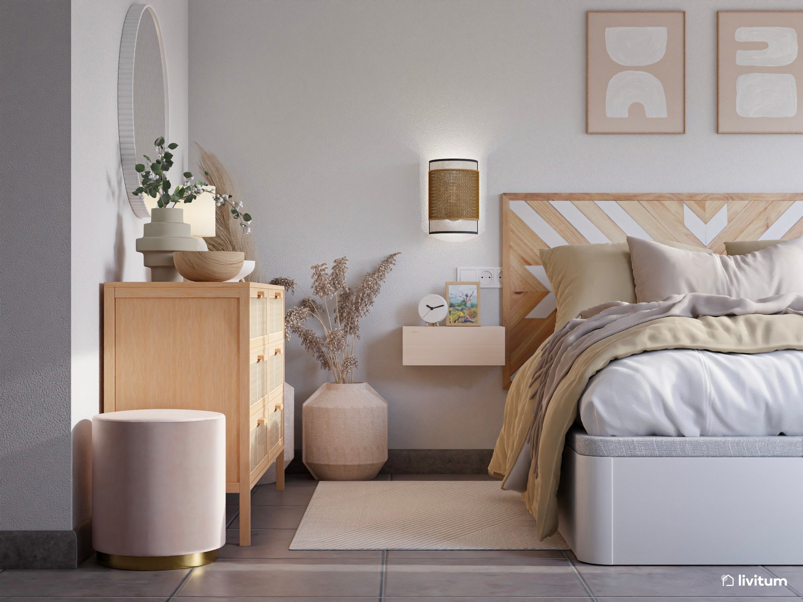 Dormitorio doble ecléctico en tonos suaves y claros