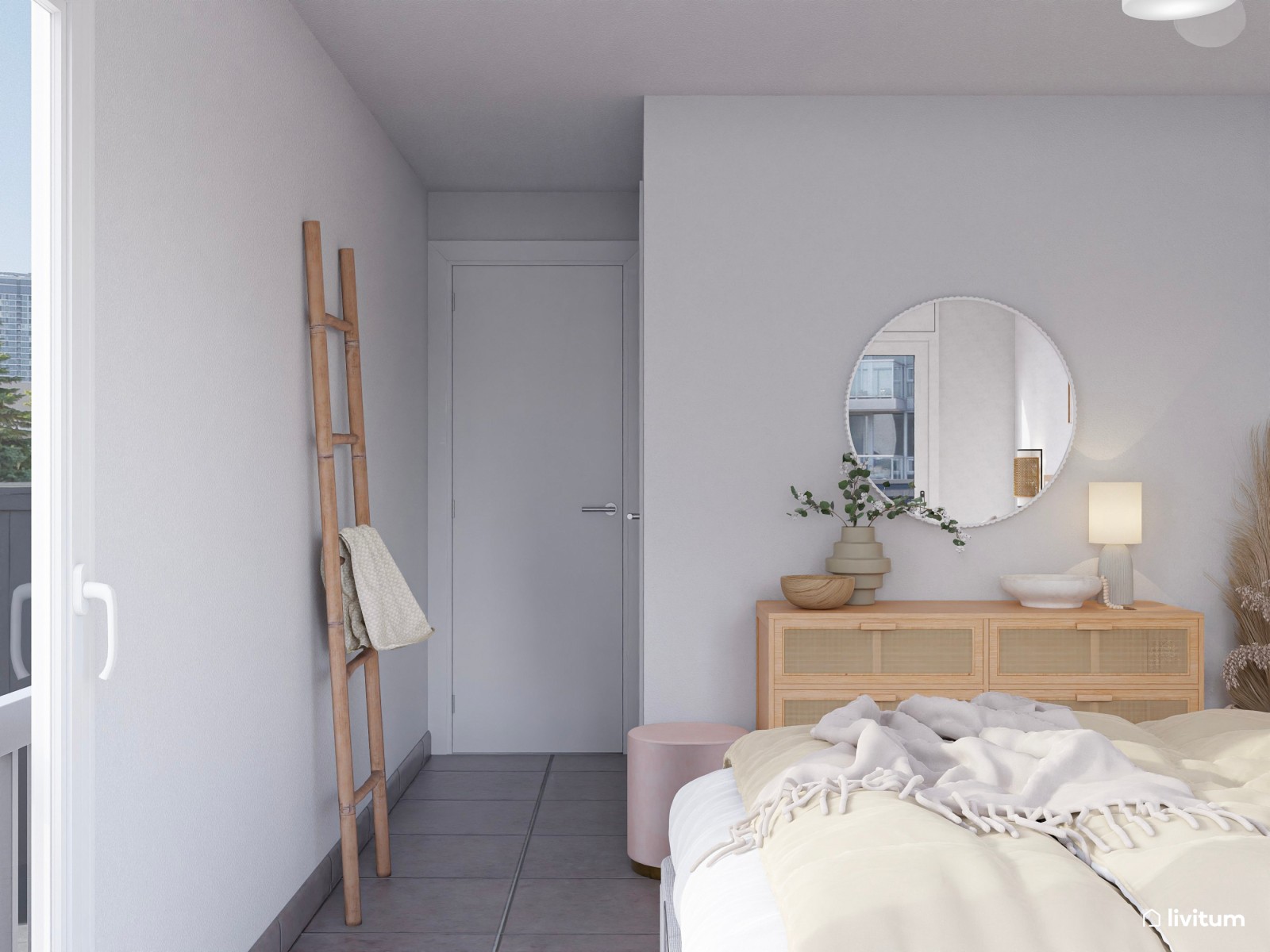 Dormitorio doble ecléctico en tonos suaves y claros