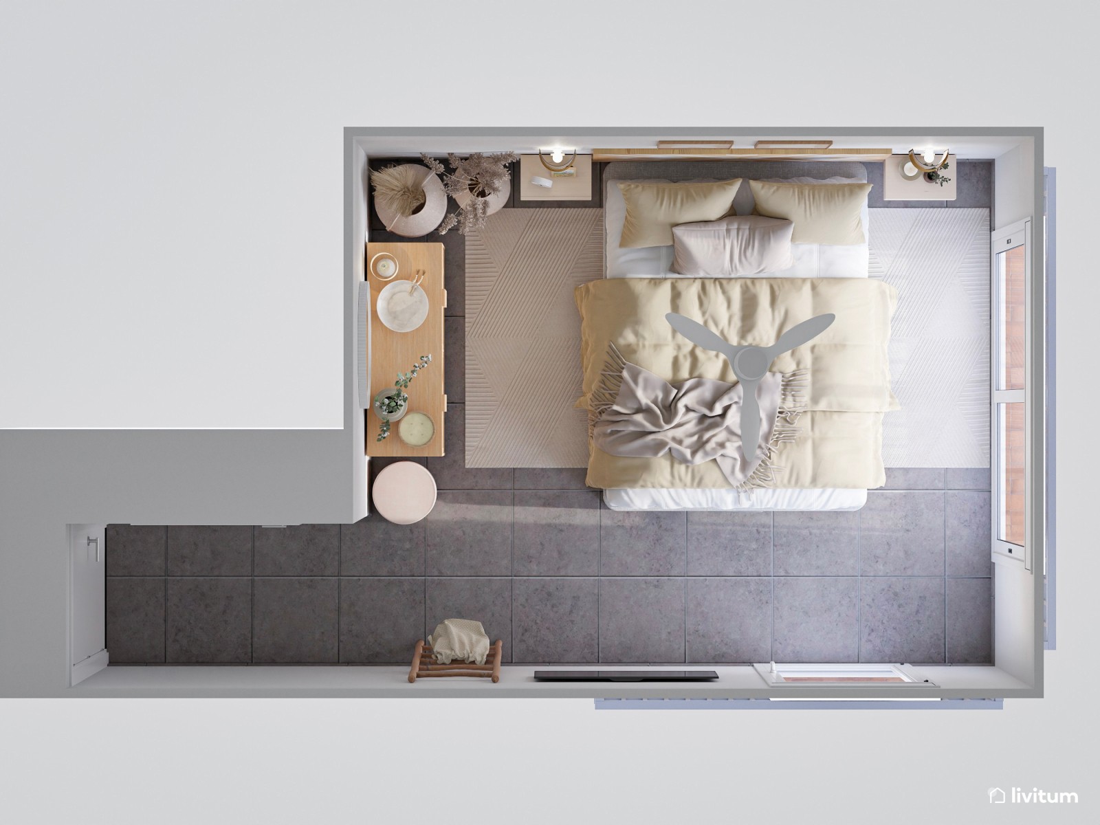 Dormitorio doble ecléctico en tonos suaves y claros