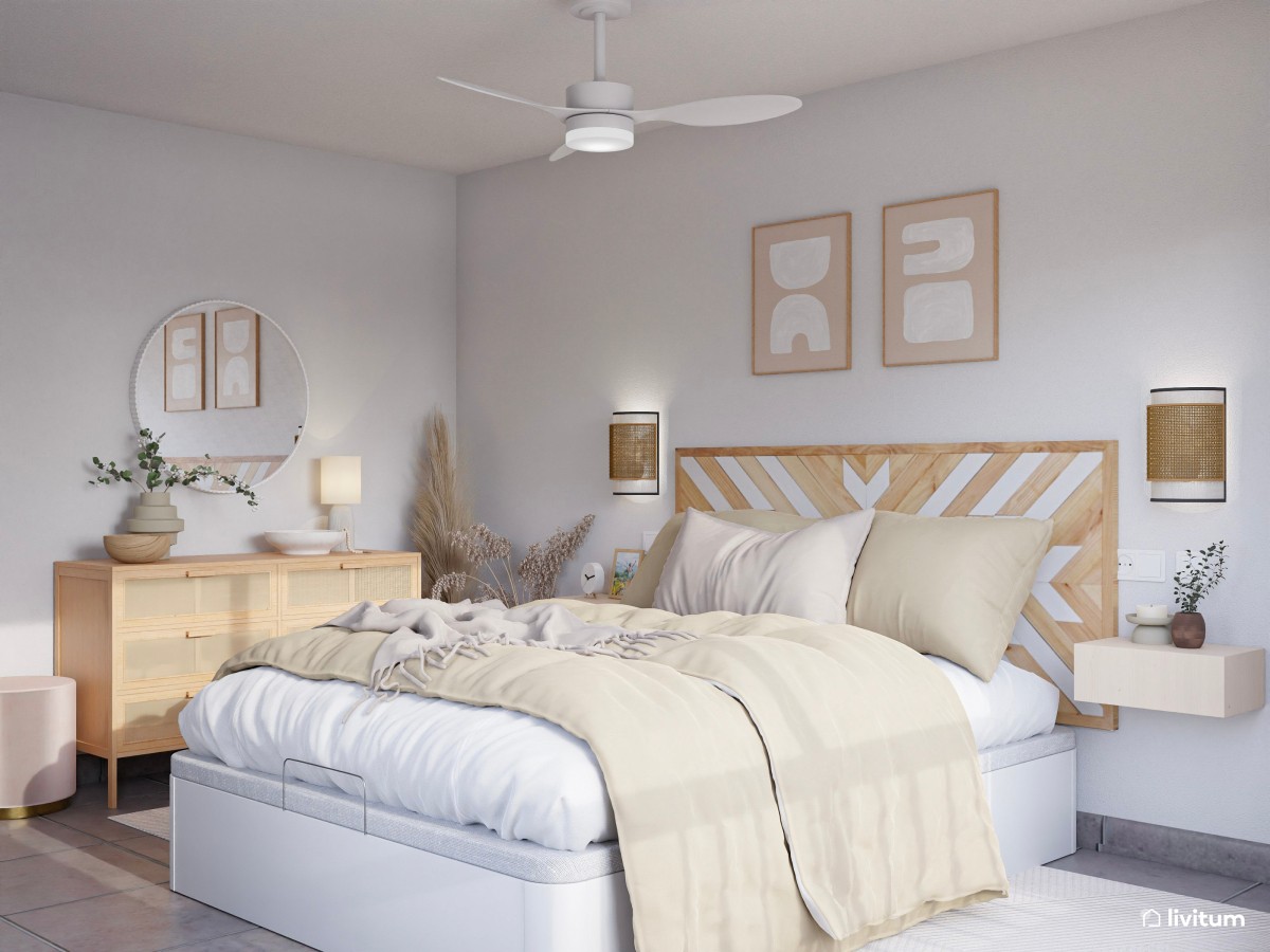 Dormitorio doble ecléctico en tonos suaves y claros