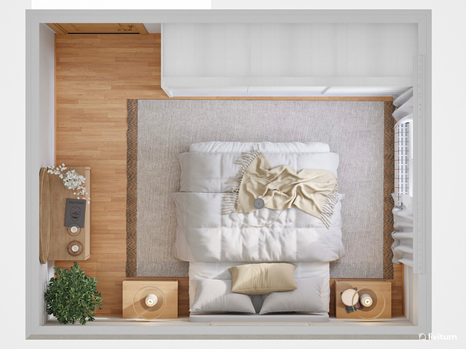 Dormitorio doble elegante en colores claros y papel pintado en el cabecero