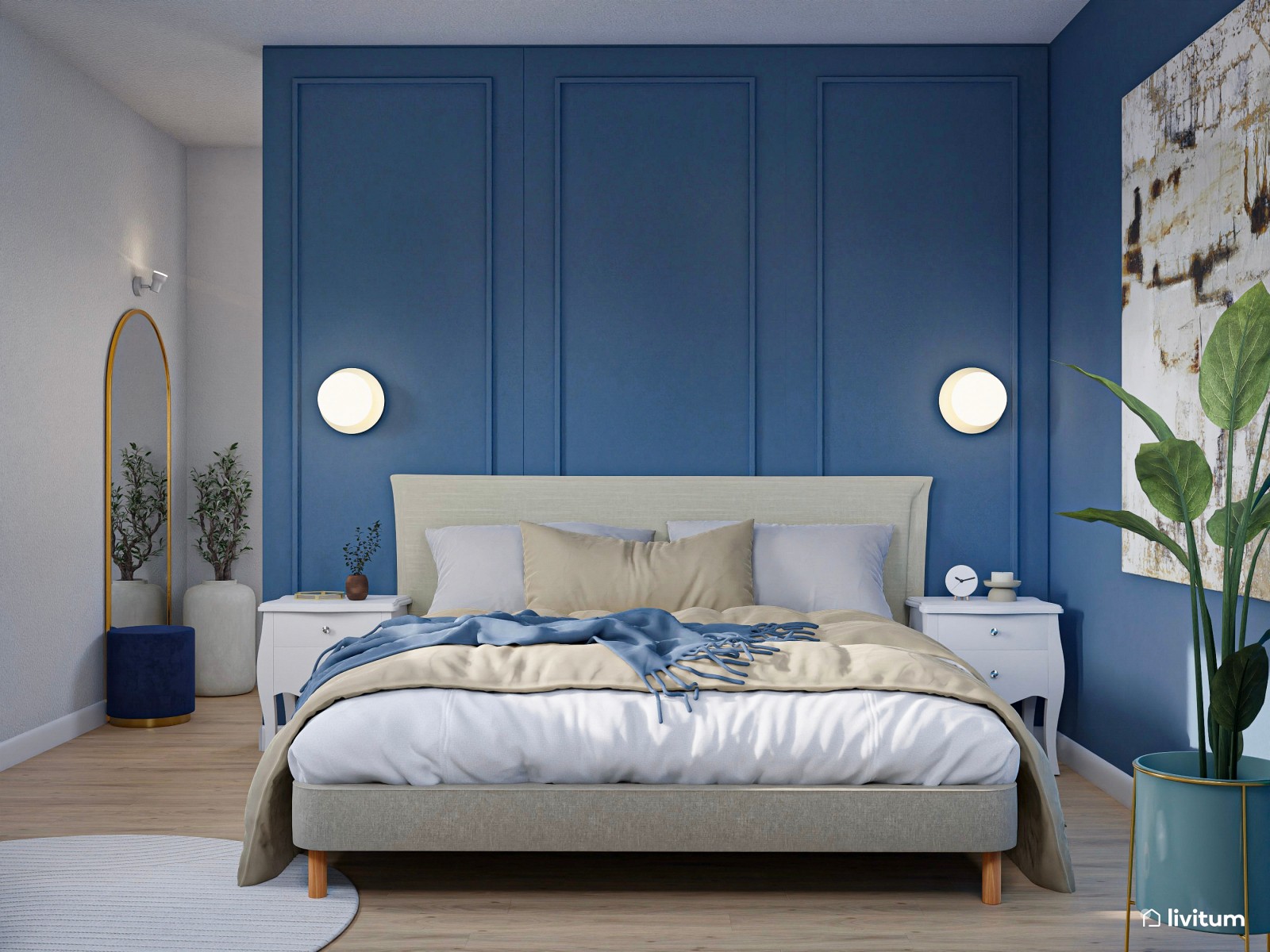 Dormitorio doble en azul índigo con molduras decorativas y vestidor