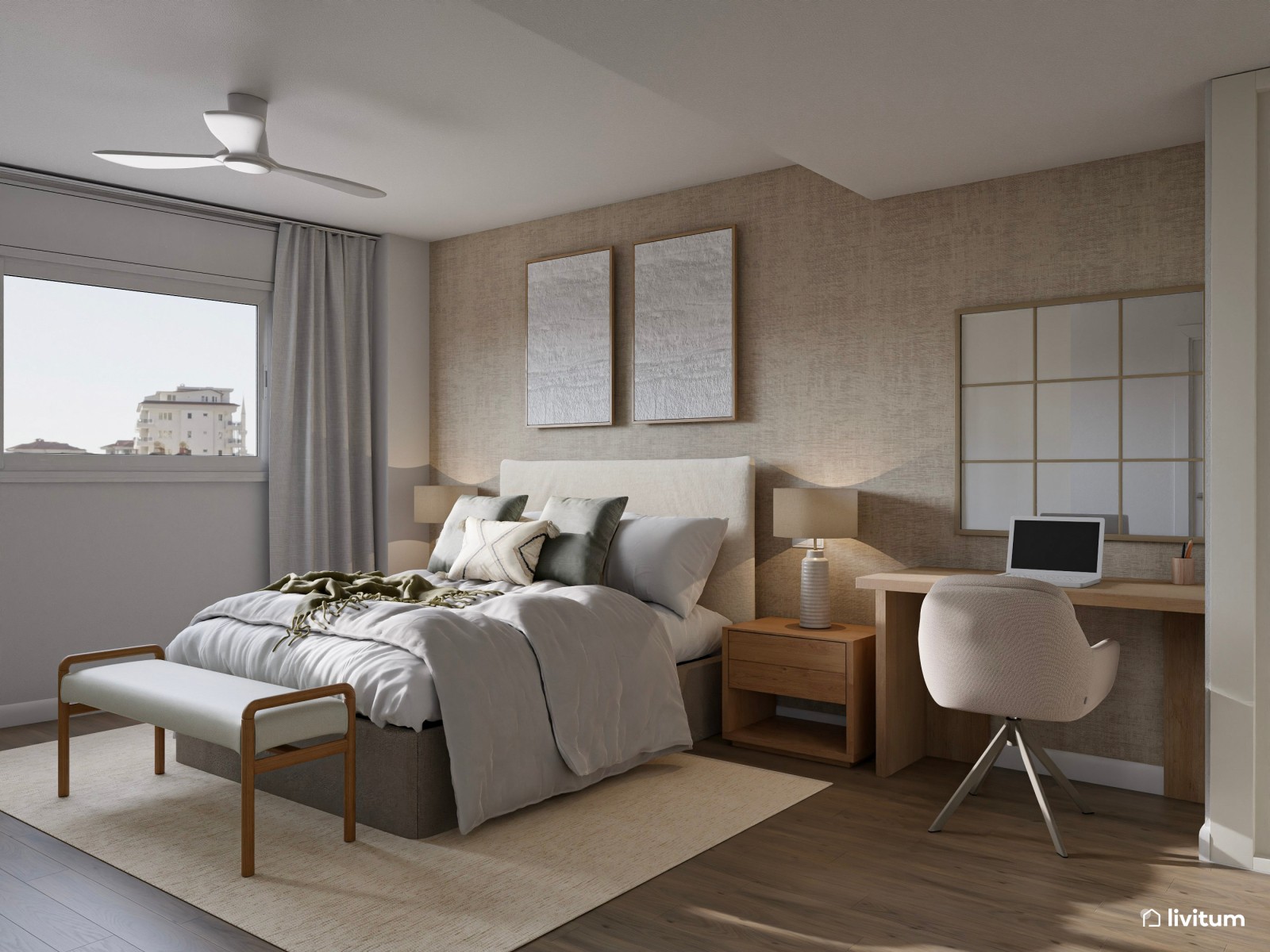 Dormitorio doble en planta irregular con escritorio 