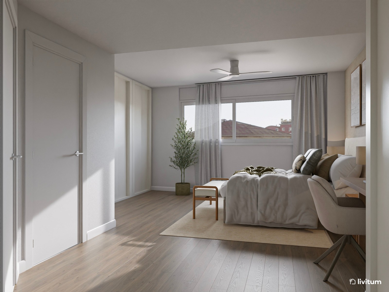 Dormitorio doble en planta irregular con escritorio 