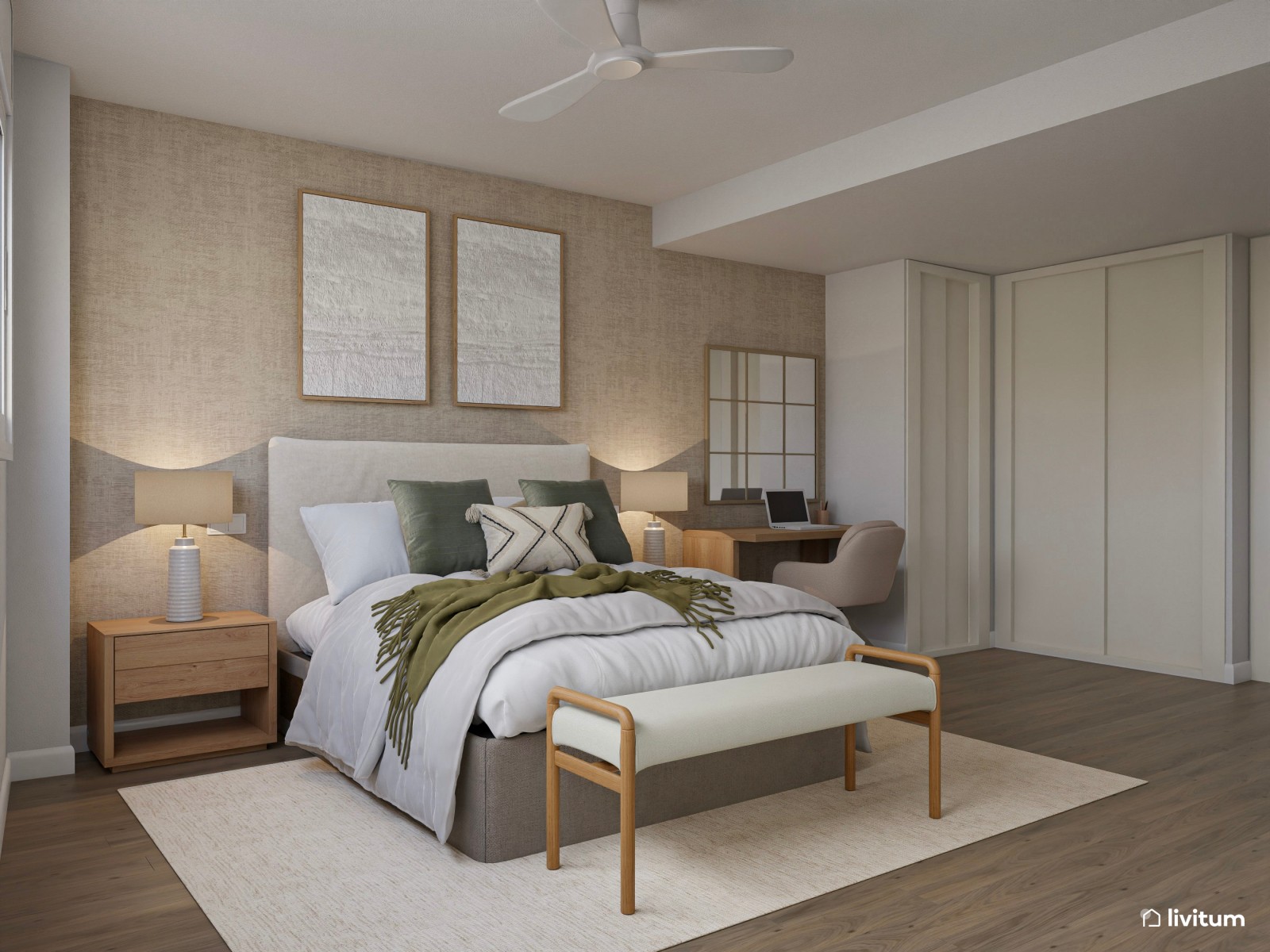 Dormitorio doble en planta irregular con escritorio 