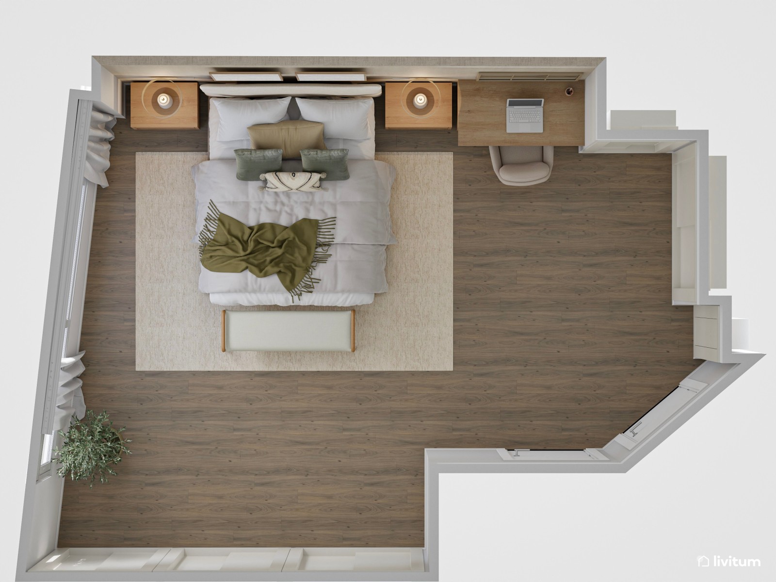 Dormitorio doble en planta irregular con escritorio 