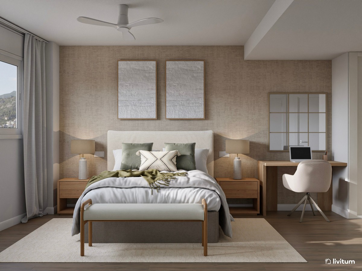 Dormitorio doble en planta irregular con escritorio