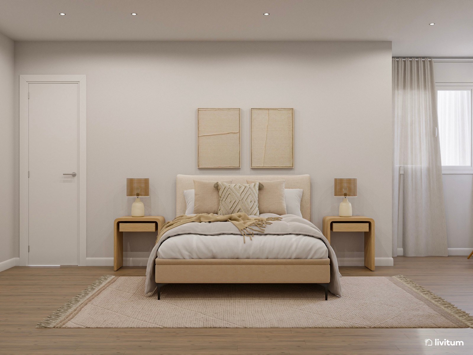 Dormitorio doble en planta irregular decorado en tonos claros y muebles de líneas suaves