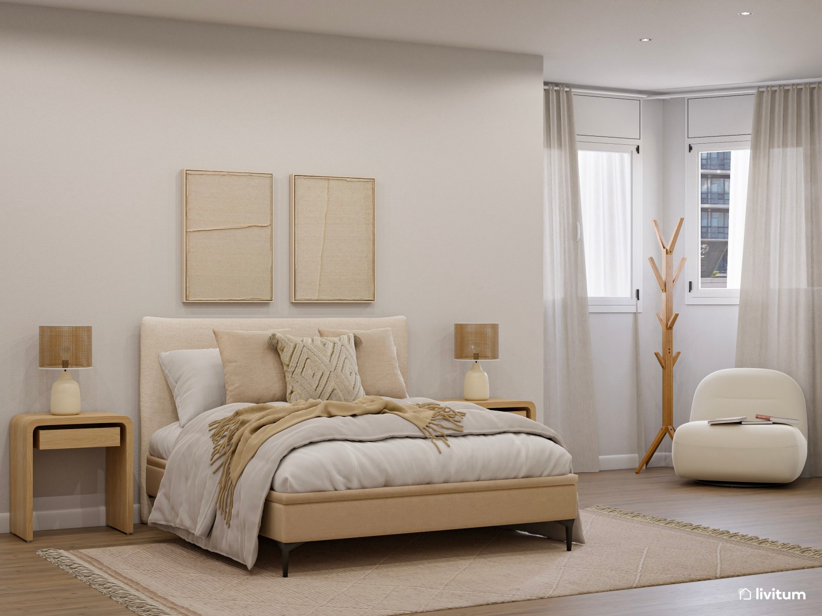 Dormitorio doble en planta irregular decorado en tonos claros y muebles de líneas suaves