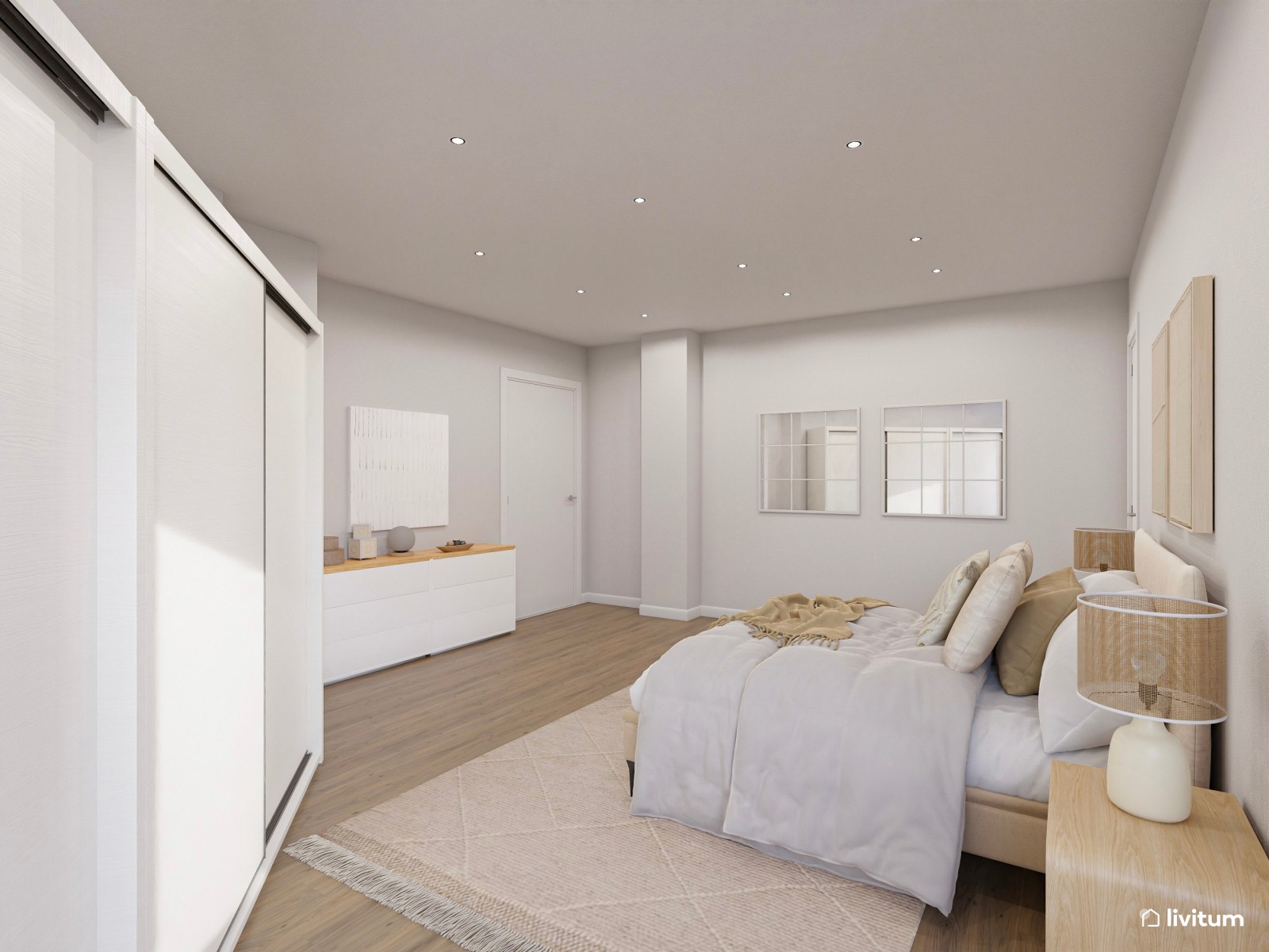 Dormitorio doble en planta irregular decorado en tonos claros y muebles de líneas suaves