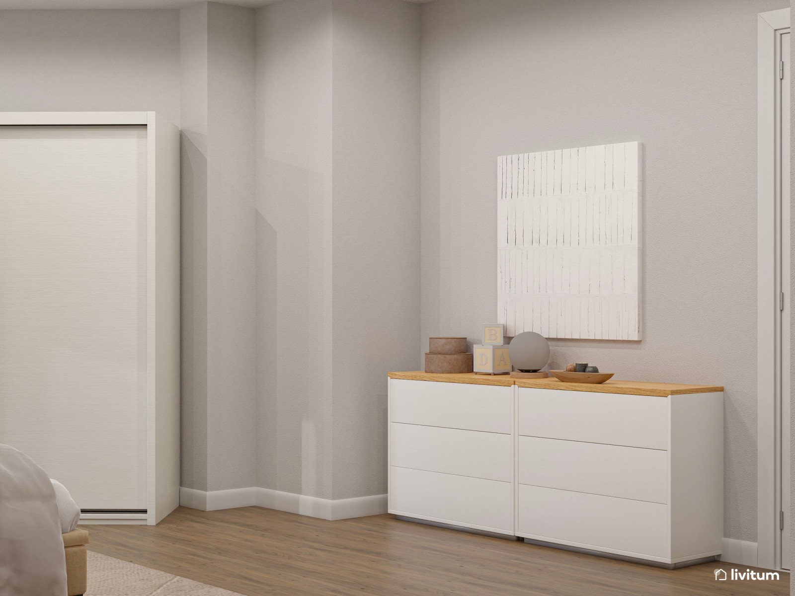 Dormitorio doble en planta irregular decorado en tonos claros y muebles de líneas suaves